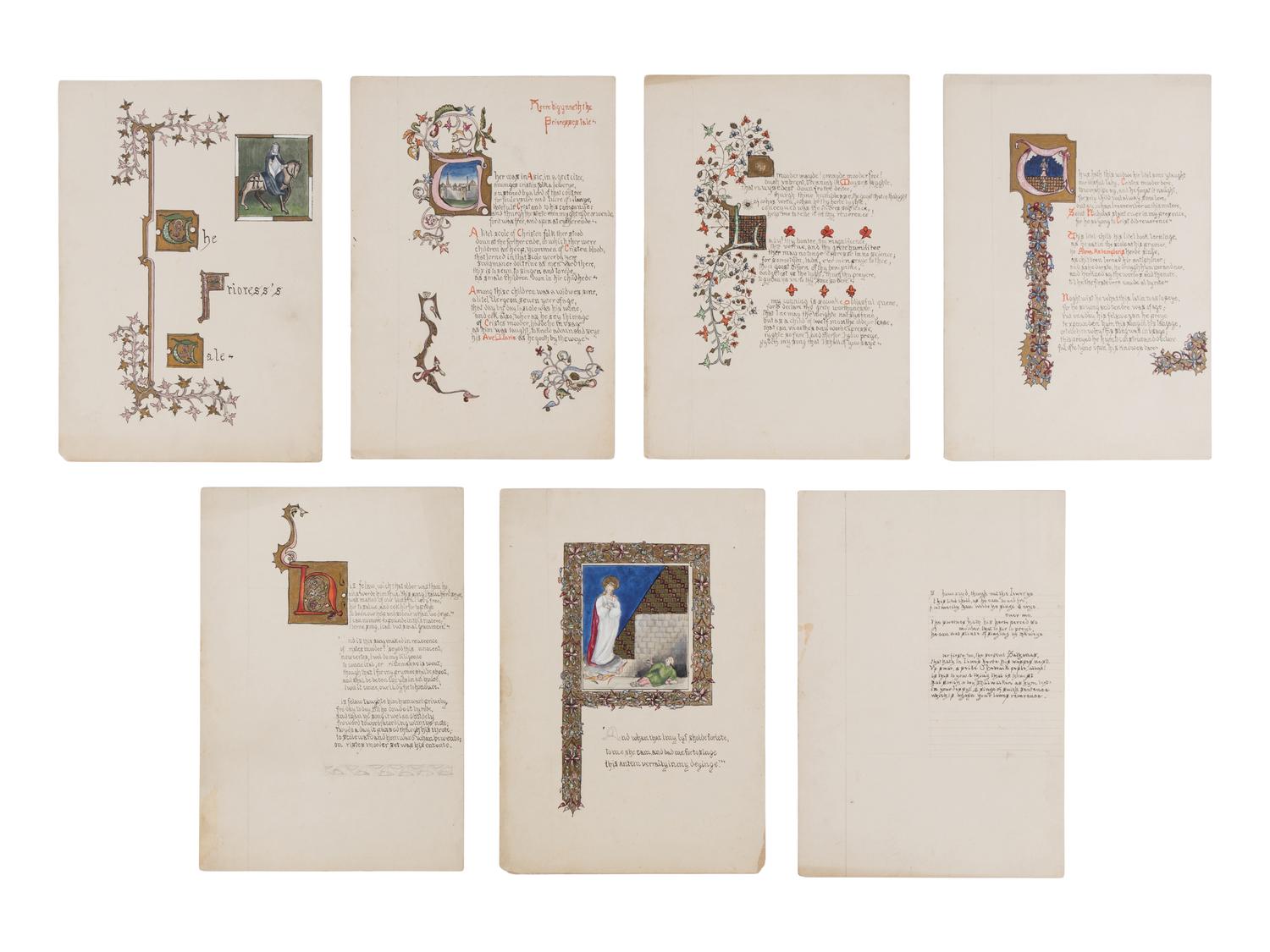 GEOFFREY CHAUCER (1343–1400) The Prioress’s Tale , in Middle English, modern illuminated manuscript on seven leaves of thin board, unbound [England, c. 1900].
