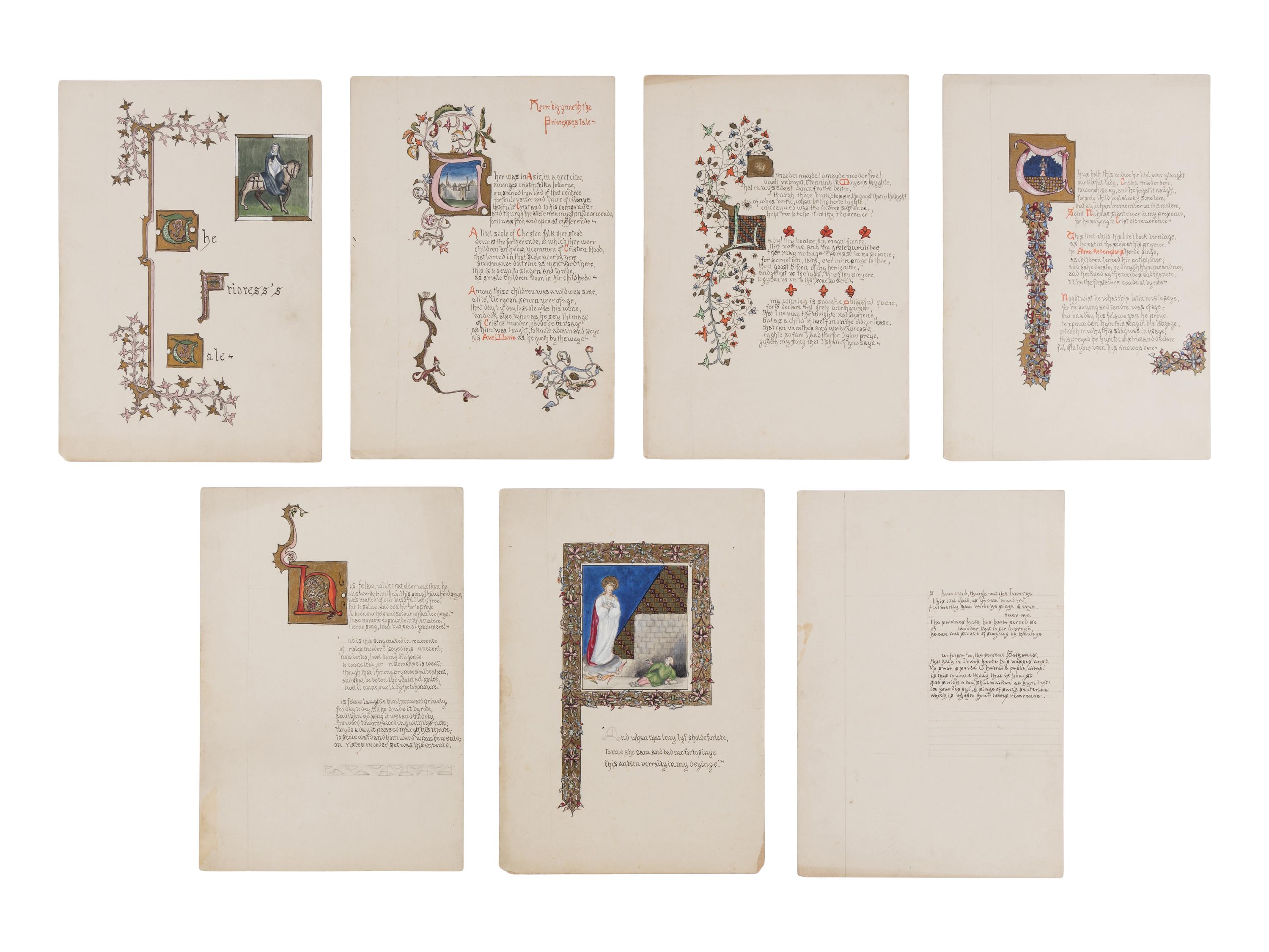 GEOFFREY CHAUCER (1343–1400) The Prioress’s Tale , in Middle English, modern illuminated manuscript on seven leaves of thin board, unbound [England, c. 1900].