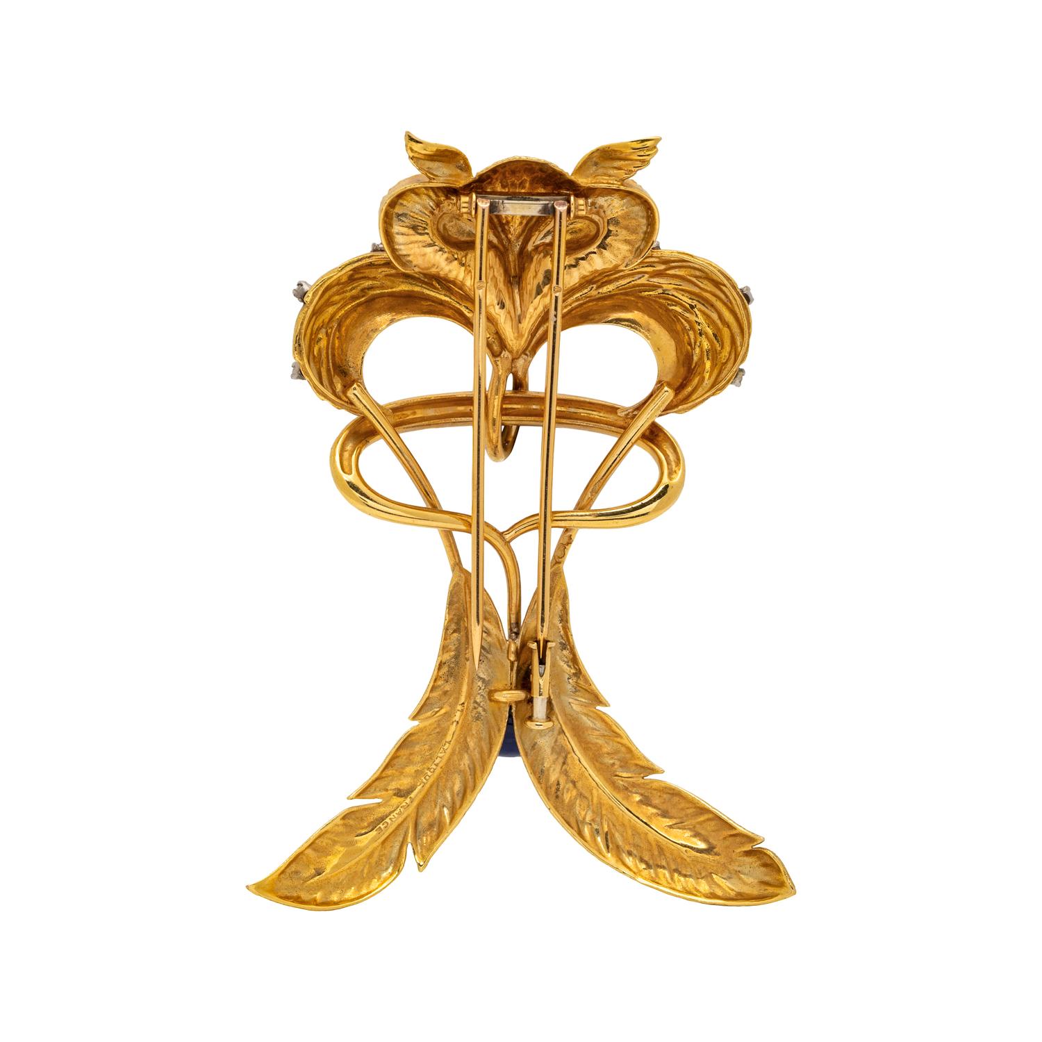 FRENCH, M.C. LALIQUE, YELLOW GOLD, DIAMOND AND BLUE ENAMEL OWL PIN