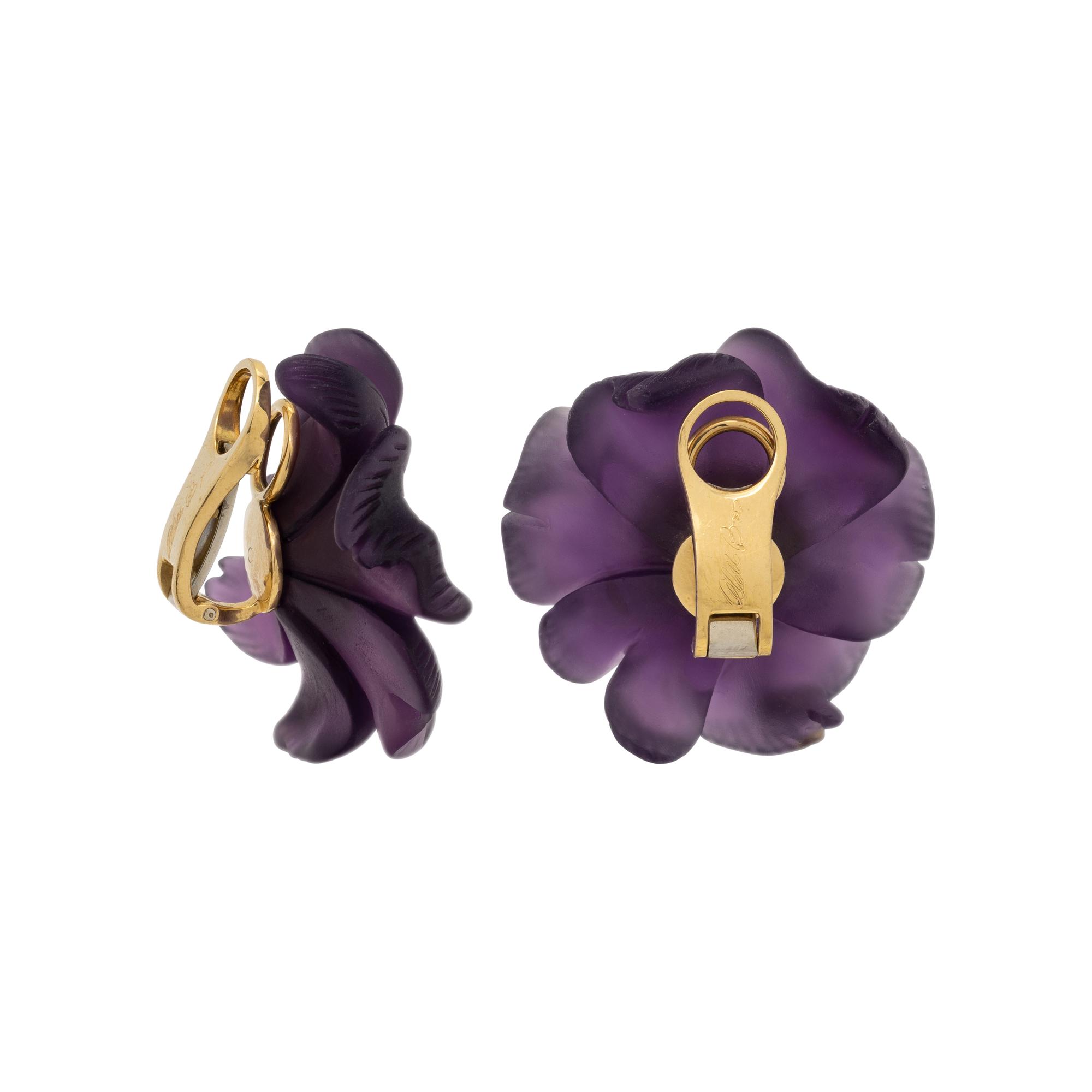 ALETTO BROTHERS, CARVED AMETHYST, GARNET AND DIAMOND FLOWER EARRINGS