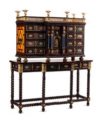 A Flemish Baroque Style Gilt Bronze Mounted Marquetry and Specimen Semi-Precious Stone Collector’s Cabinet on Stand