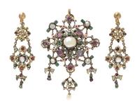 A Renaissance Revival Gilt Silver, Pearl, Emerald, Pink Sapphires and Polychrome Enamel Demi Parure, Austro-Hungarian, 29.80 dwts.