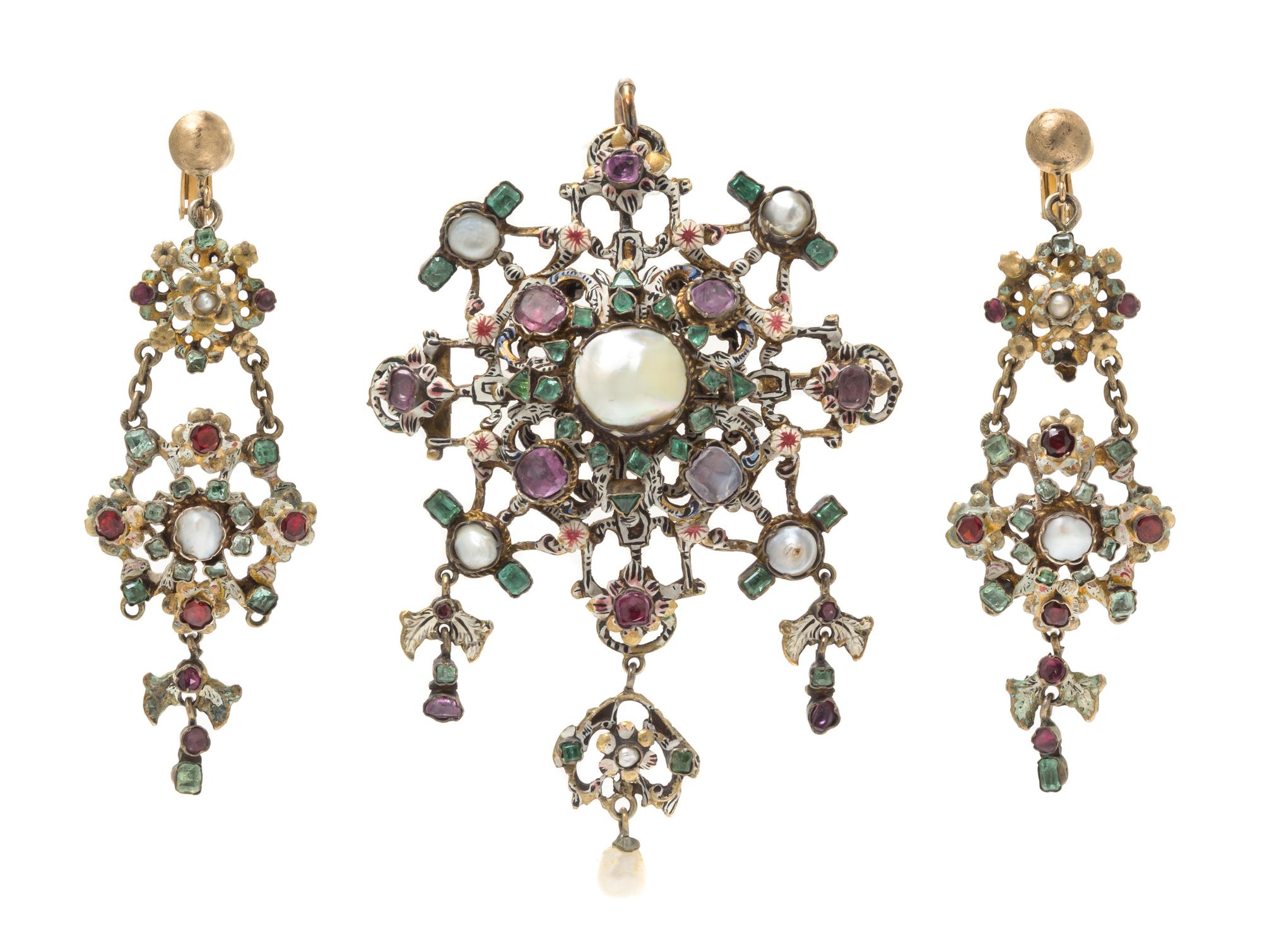 A Renaissance Revival Gilt Silver, Pearl, Emerald, Pink Sapphires and Polychrome Enamel Demi Parure, Austro-Hungarian, 29.80 dwts.
