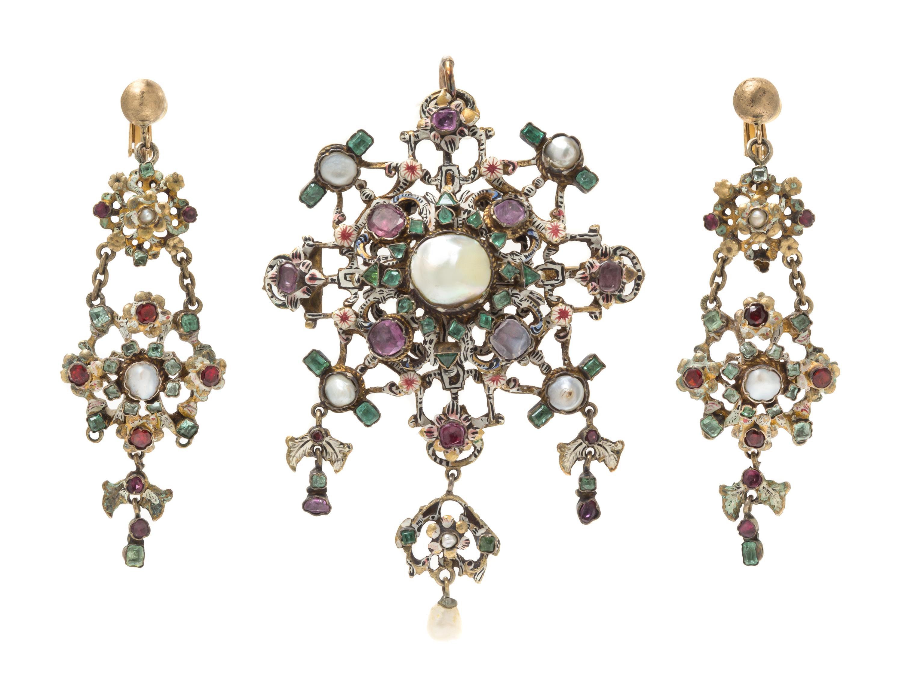 A Renaissance Revival Gilt Silver, Pearl, Emerald, Pink Sapphires and Polychrome Enamel Demi Parure, Austro-Hungarian, 29.80 dwts.