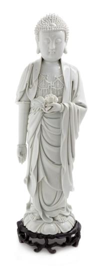 A Large Blanc-de-Chine Porcelain Standing Figure of Buddha Shakyamuni Height 20 1/2 inches. — EARLY 20TH CENTURY