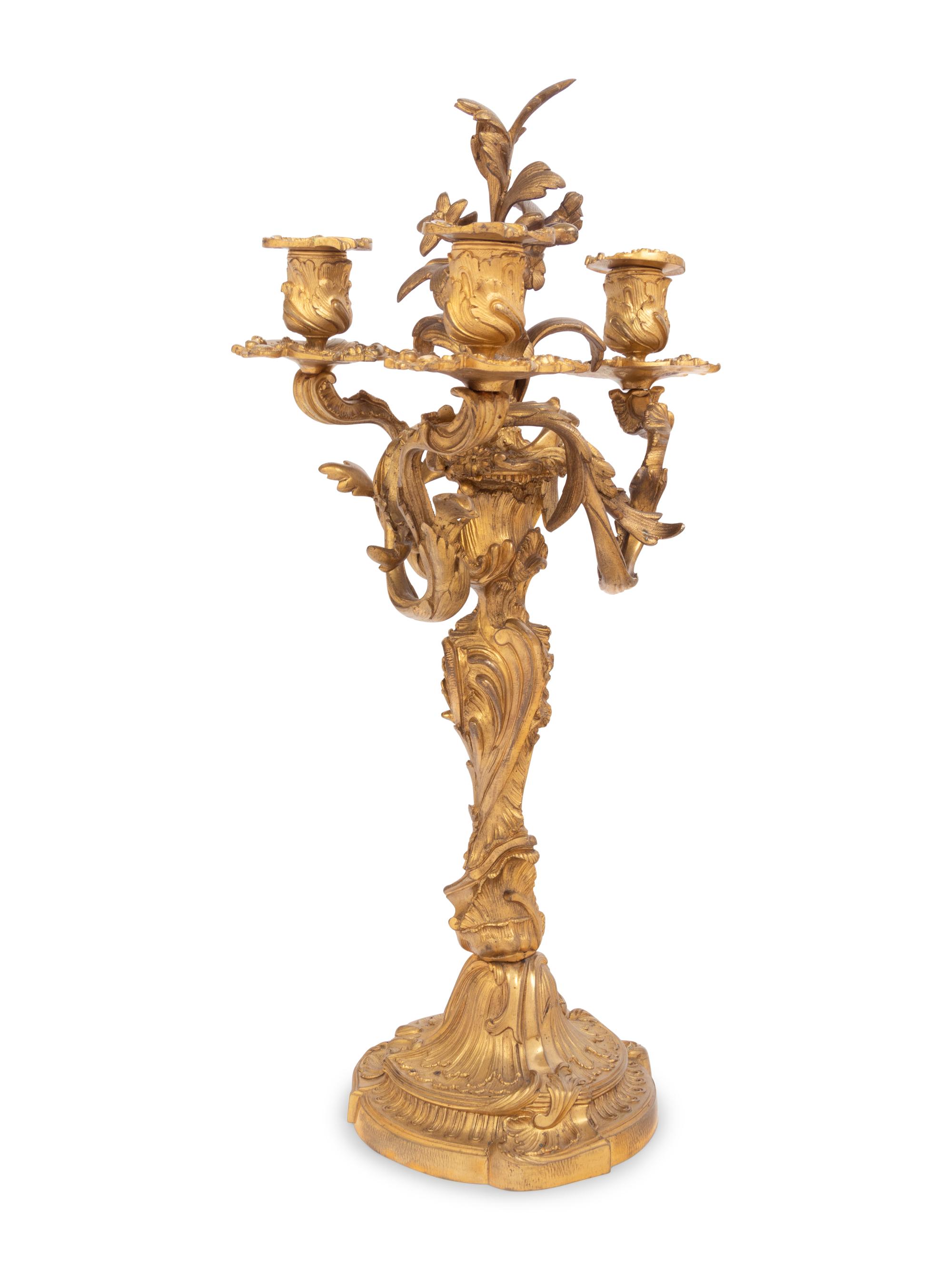 A Louis XV Style Gilt Bronze Three-Light Candelabrum