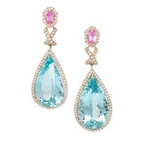 Lois Sasson, Aquamarine, Pink Sapphire, and Diamond Earrings