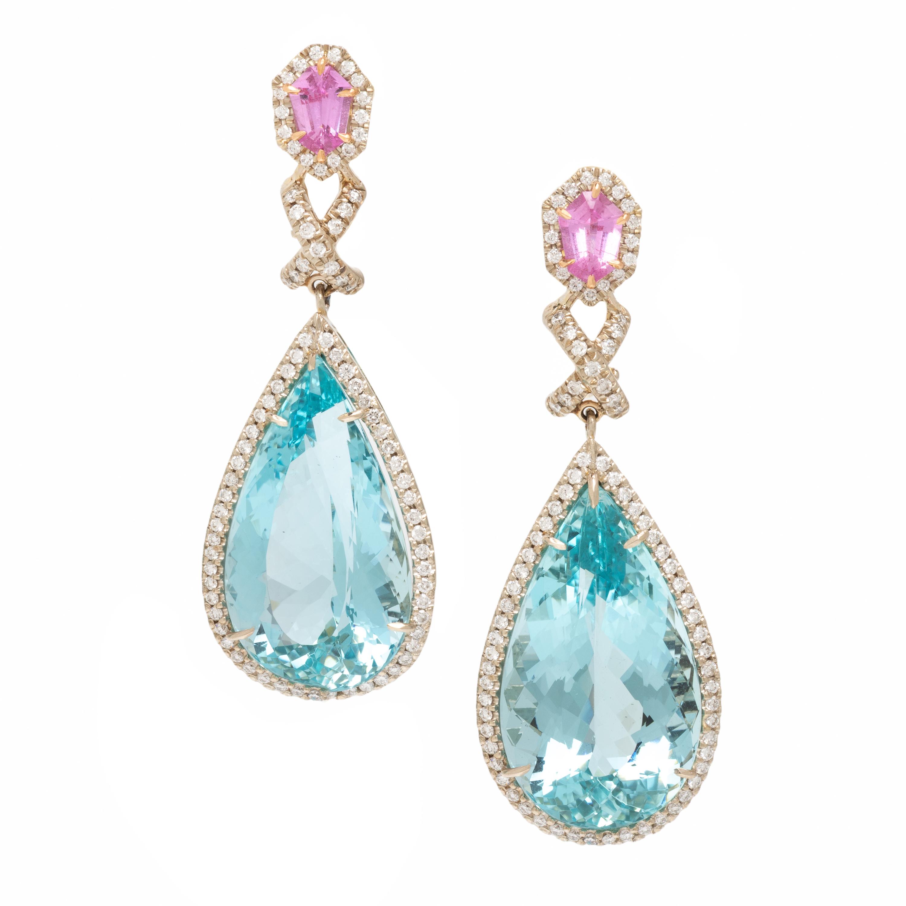 Lois Sasson, Aquamarine, Pink Sapphire, and Diamond Earrings