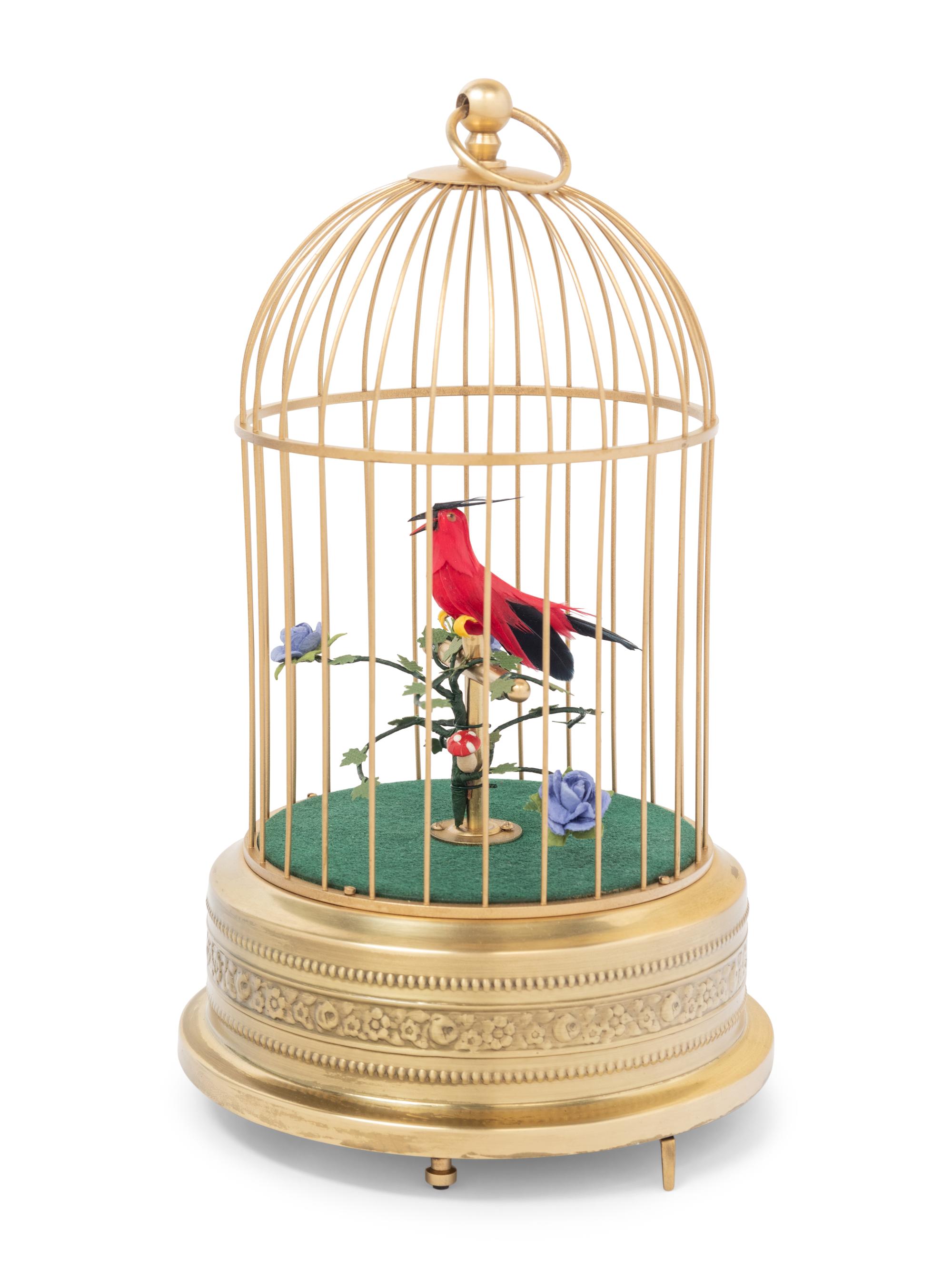 A German Gilt Metal Singing Automaton Bird Cage by Uhren Hauser