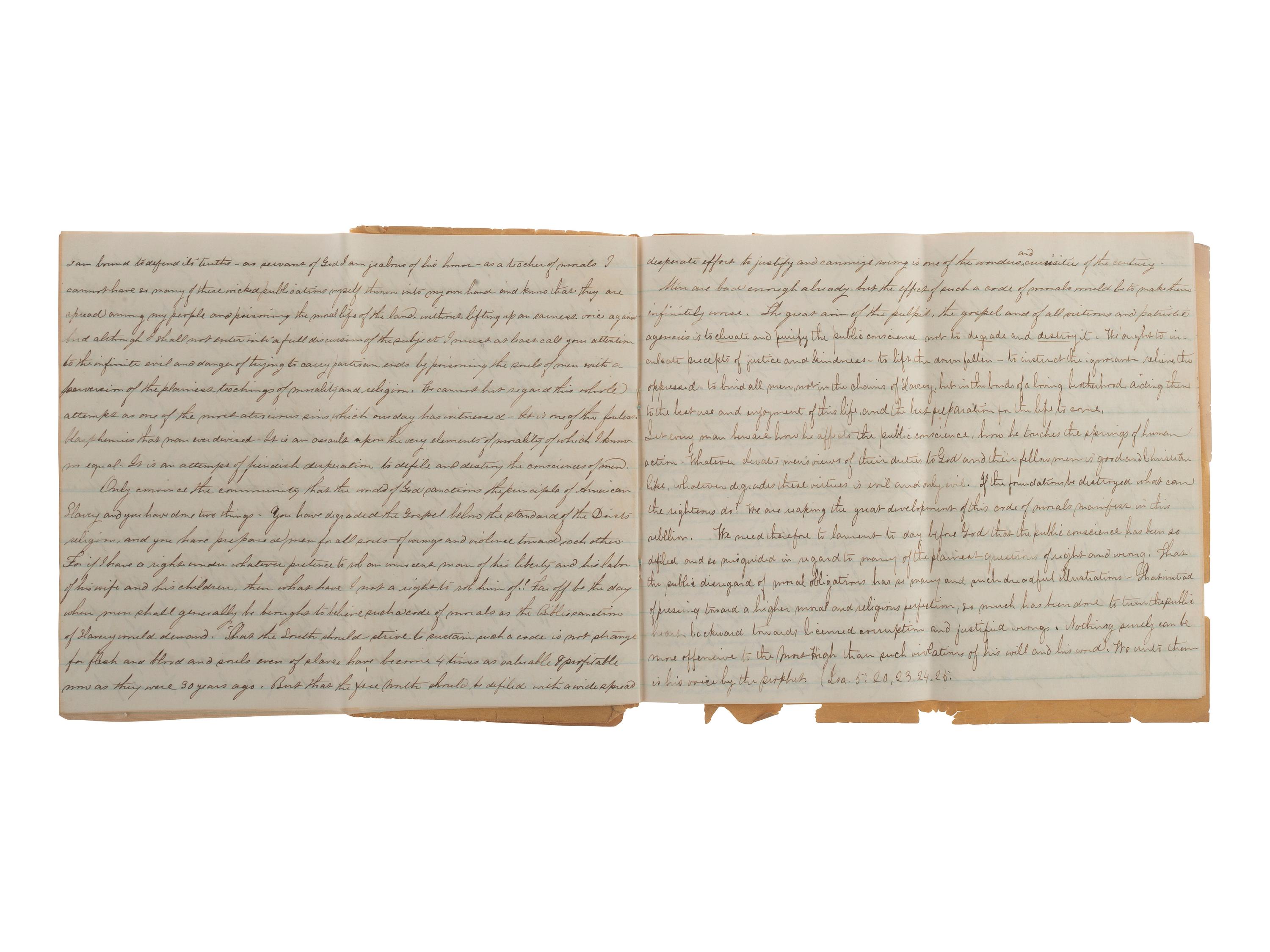 [CIVIL WAR]. Manuscript sermon signed by J. Romeyn Berry, including discussion of the evil of slavery. Kinderhook, NY, 26 September 1861.