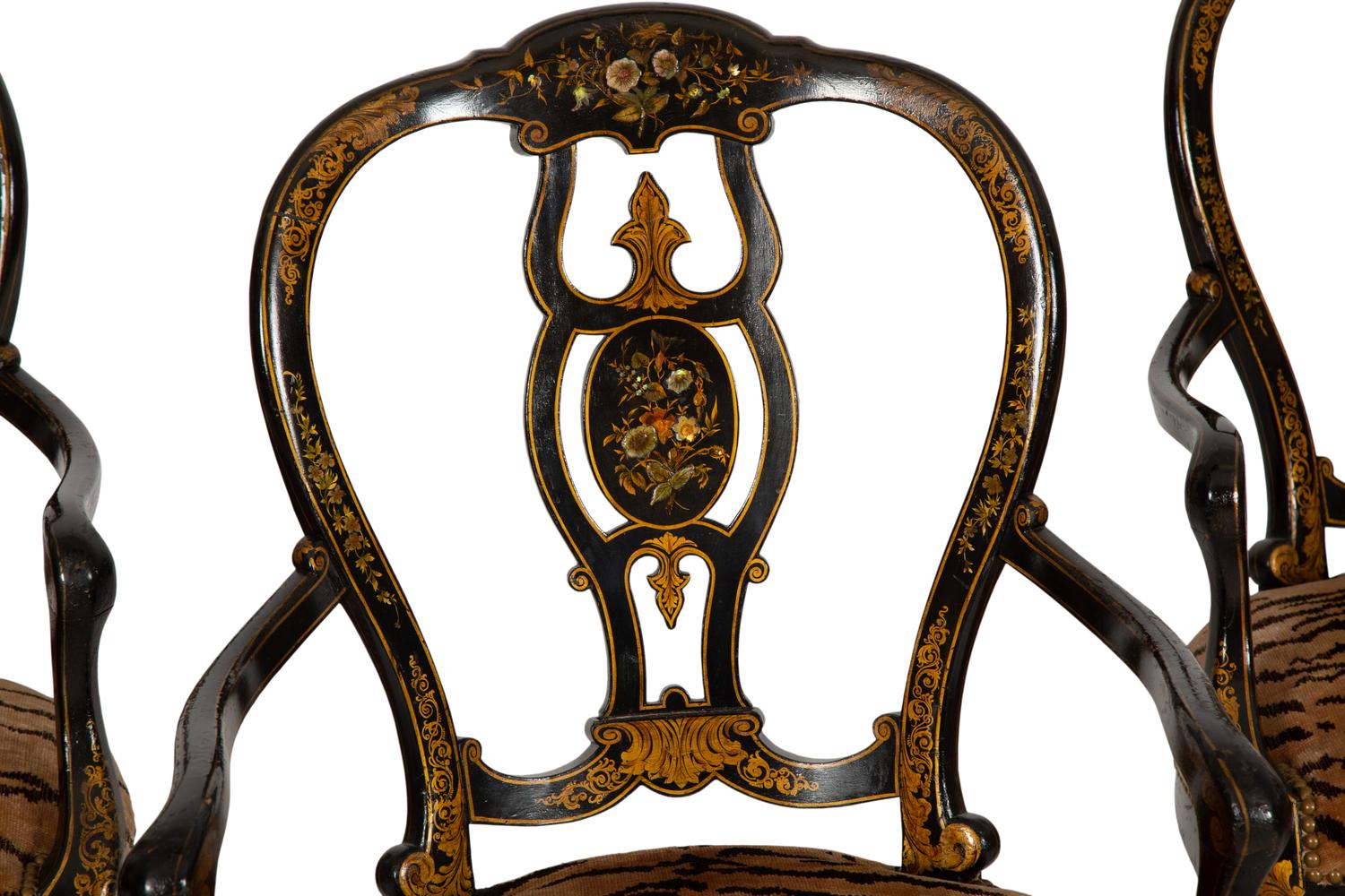 A Set of Three Victorian Ebonized Gilt and Mother of Pearl Chinoiserie Open Armchairs