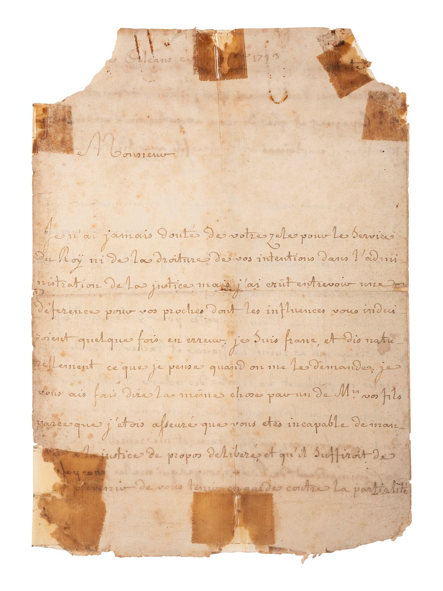 DE CARONDELET, Francisco Luis Héctor (1748-1807). Autograph letter signed ("Le Baron De Corondelet"), to the Alcalde Forstal. New Orleans, Louisiana, 18 September 1793.