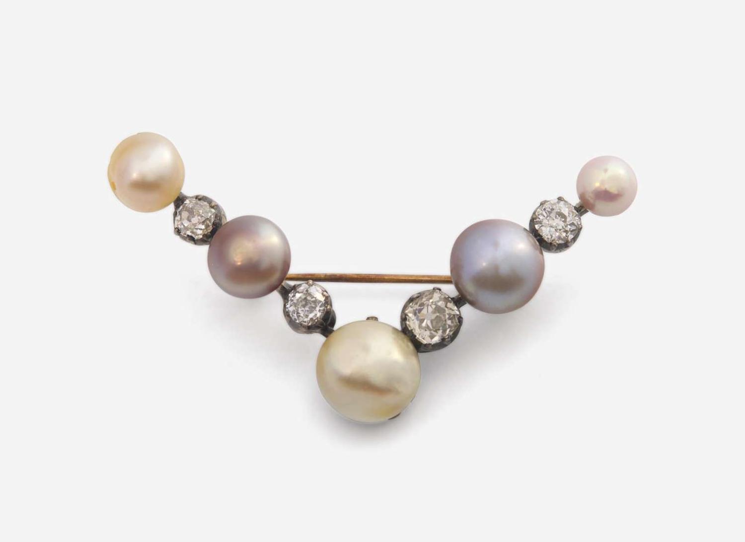 A Silver-Topped 14K Gold, Pearl, and Diamond Brooch