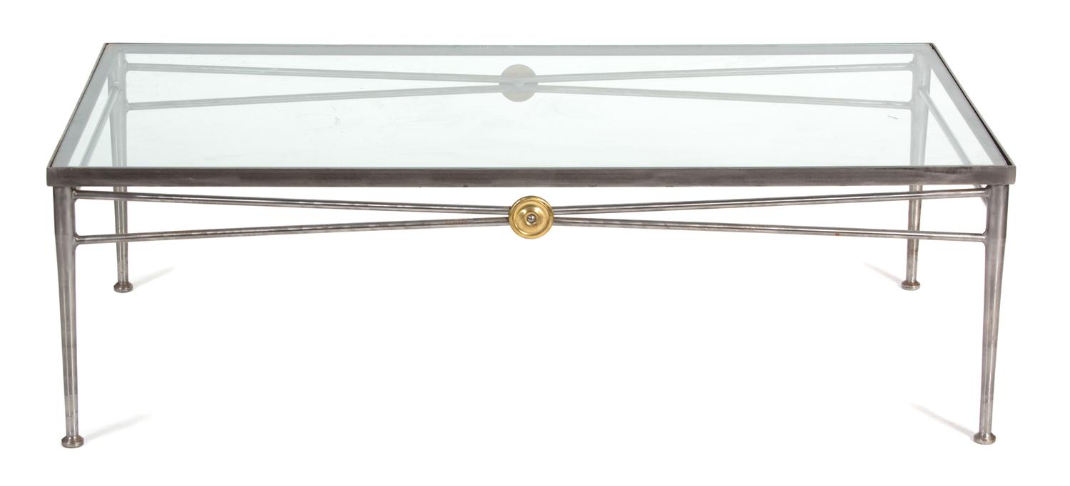 A Neoclassical Style Brushed Steel Glass Top Coffee Table Height 15 1/2 x width 50 x depth 26 inches — 21ST CENTURY