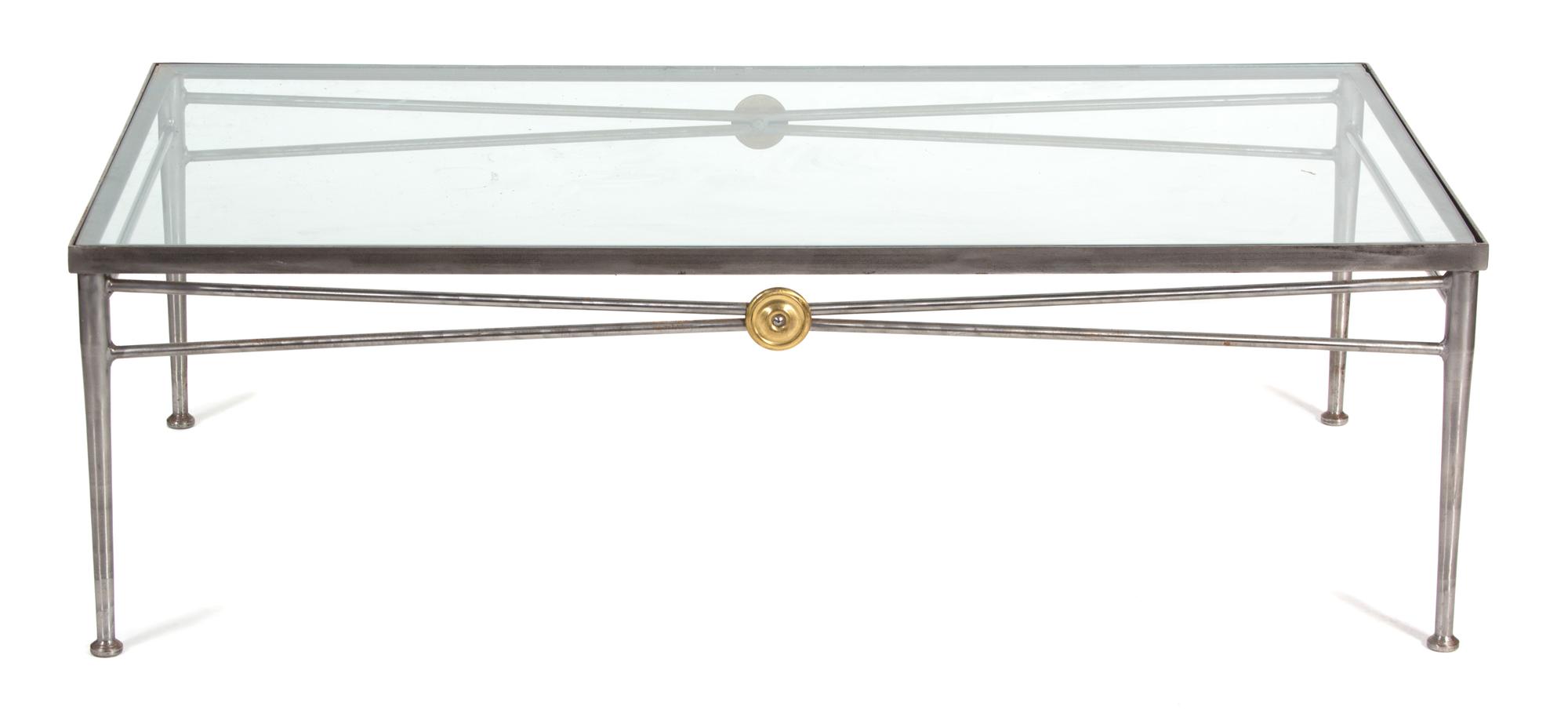 A Neoclassical Style Brushed Steel Glass Top Coffee Table Height 15 1/2 x width 50 x depth 26 inches — 21ST CENTURY