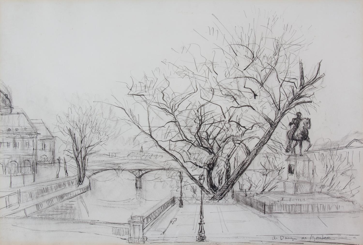 Andre Dunoyer de Segonzac, (French, 1884-1974), View of the Siene with Equestrian Statue