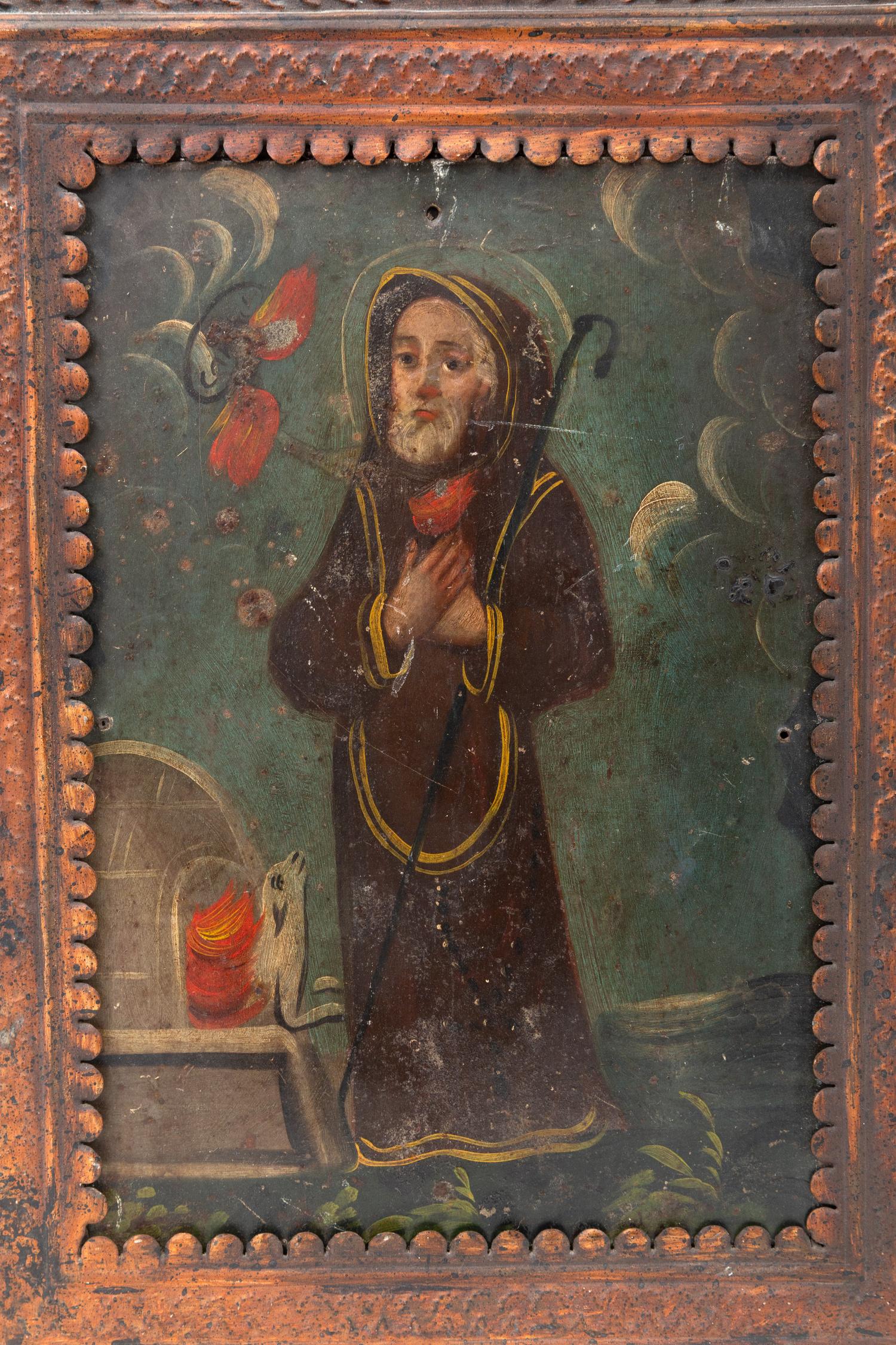 Two Spanish Colonial Retablos in Pressed and Painted Tin Frames