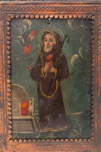 Two Spanish Colonial Retablos in Pressed and Painted Tin Frames