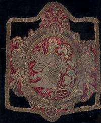 A Red Silk Velvet, Silk and Silver Filé Needlework Medallion