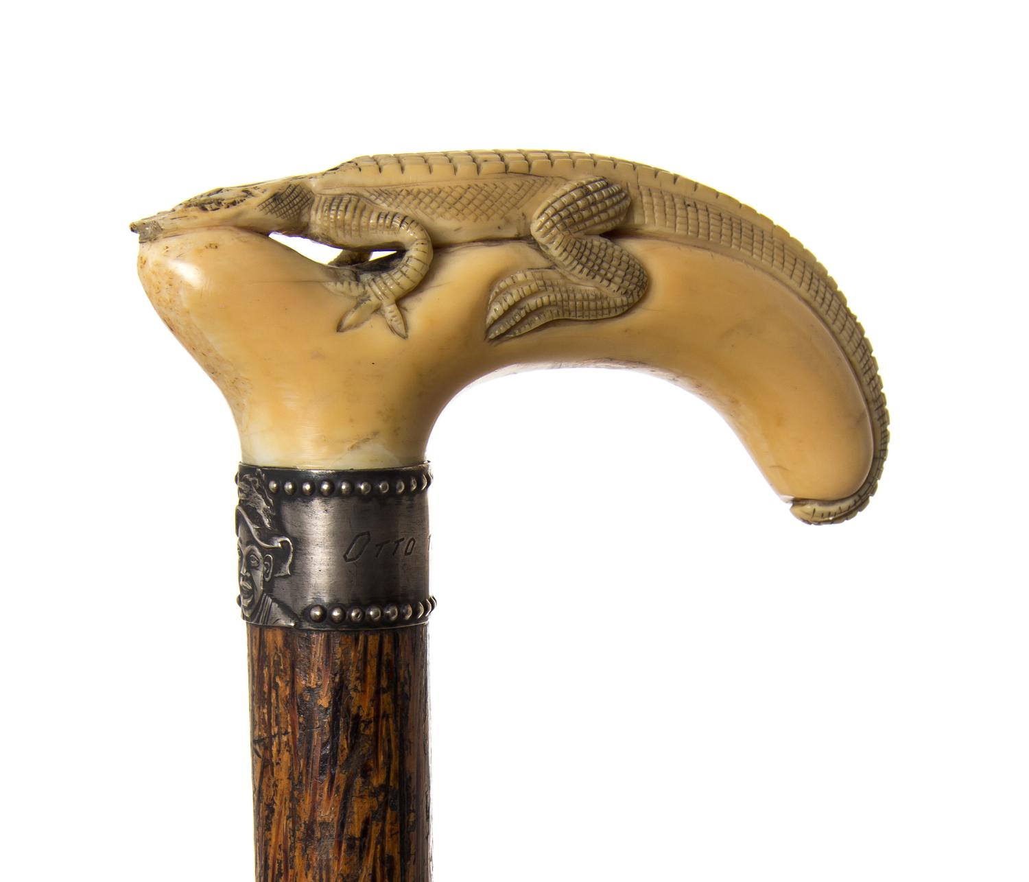 An American Walrus Ivory Handled Cane, Length of handle 4 1/2 x length overall 36 3/4 inches.