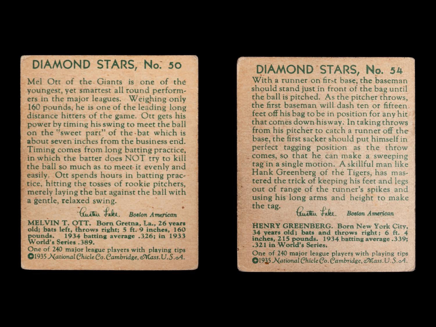 A Group of Hank Greenberg and Mel Ott 1935 National Chicle Diamond Stars Baseball Cards,