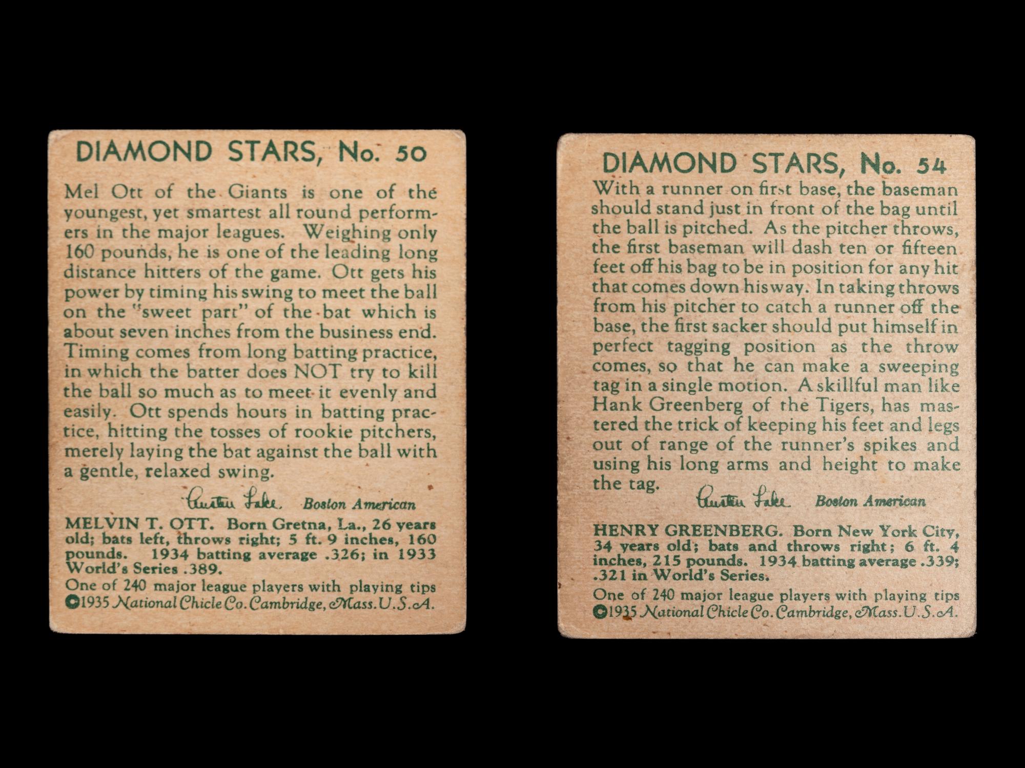 A Group of Hank Greenberg and Mel Ott 1935 National Chicle Diamond Stars Baseball Cards,