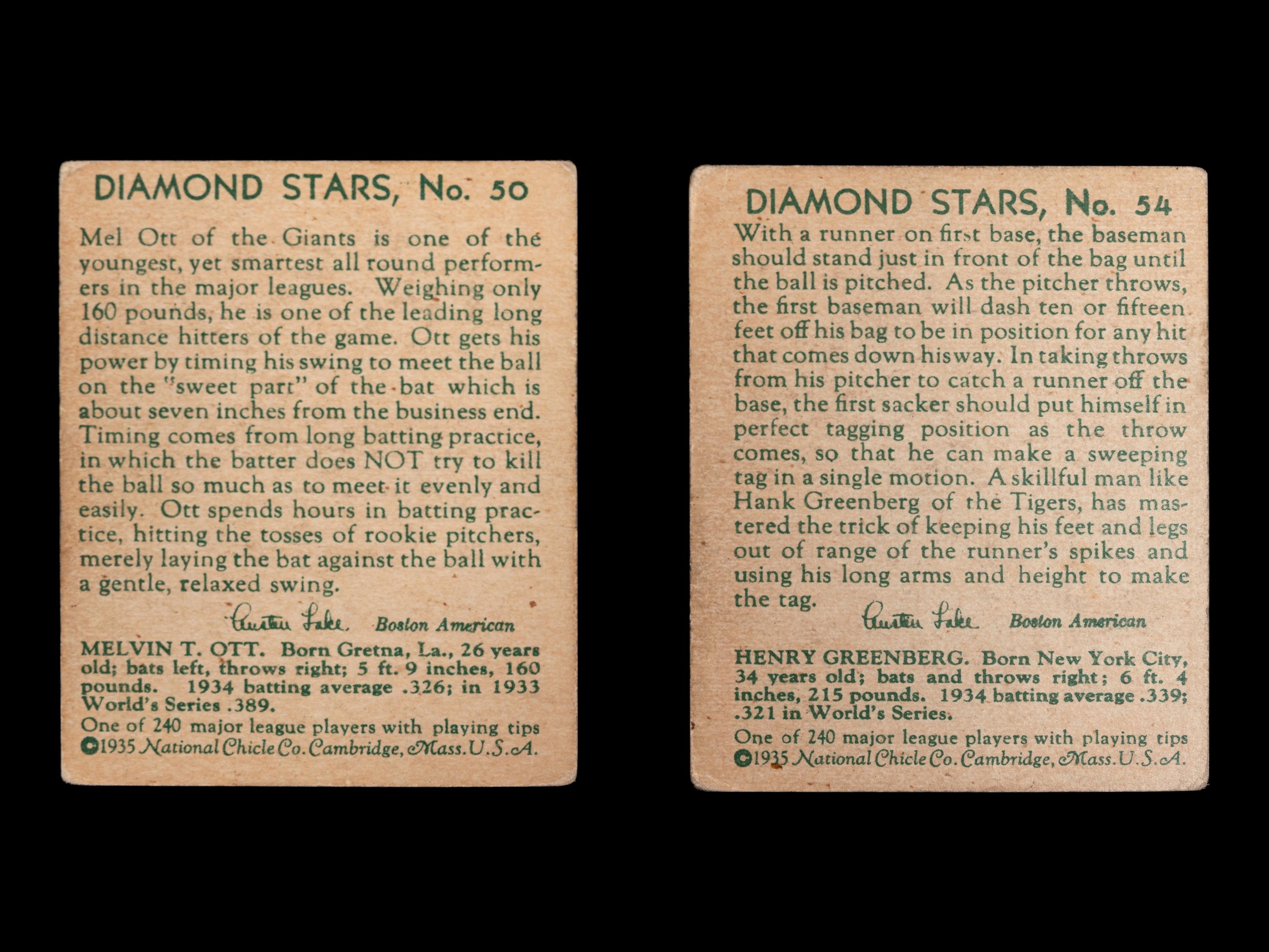 A Group of Hank Greenberg and Mel Ott 1935 National Chicle Diamond Stars Baseball Cards,