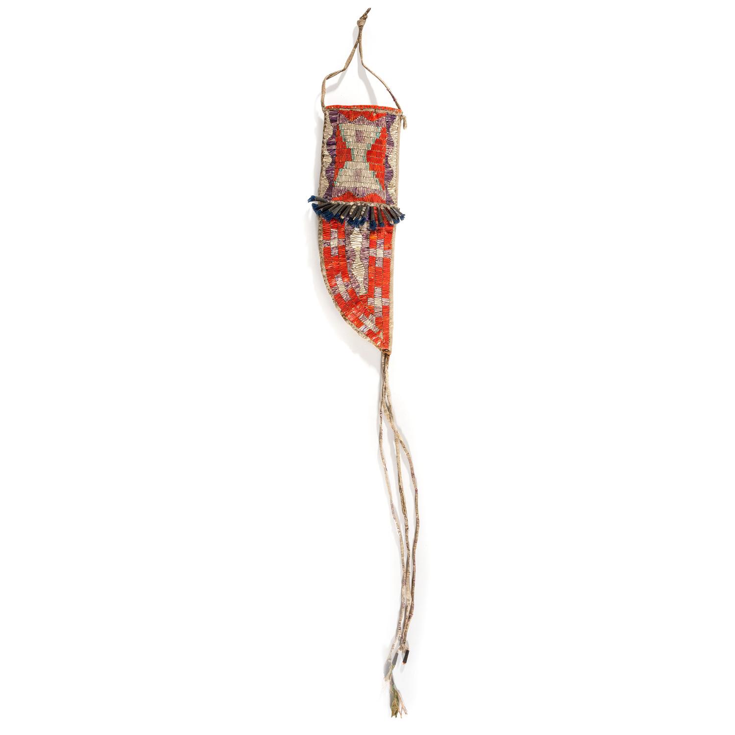 Eastern Sioux Quilled Hide Knife Sheath, with Recycled Painted Parfleche Lining