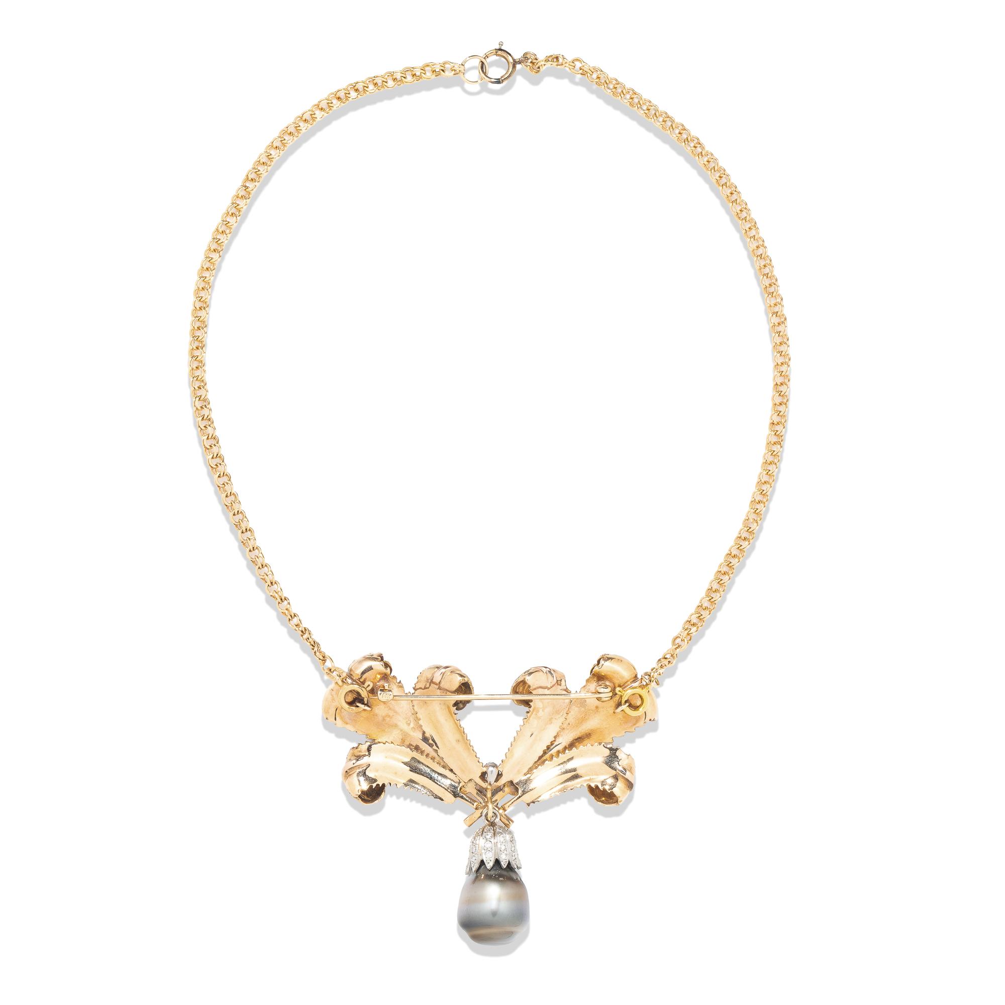 CONVERTIBLE ROSE GOLD, DIAMOND, AND GREY CULTURED PEARL PENDANT BROOCH NECKLACE