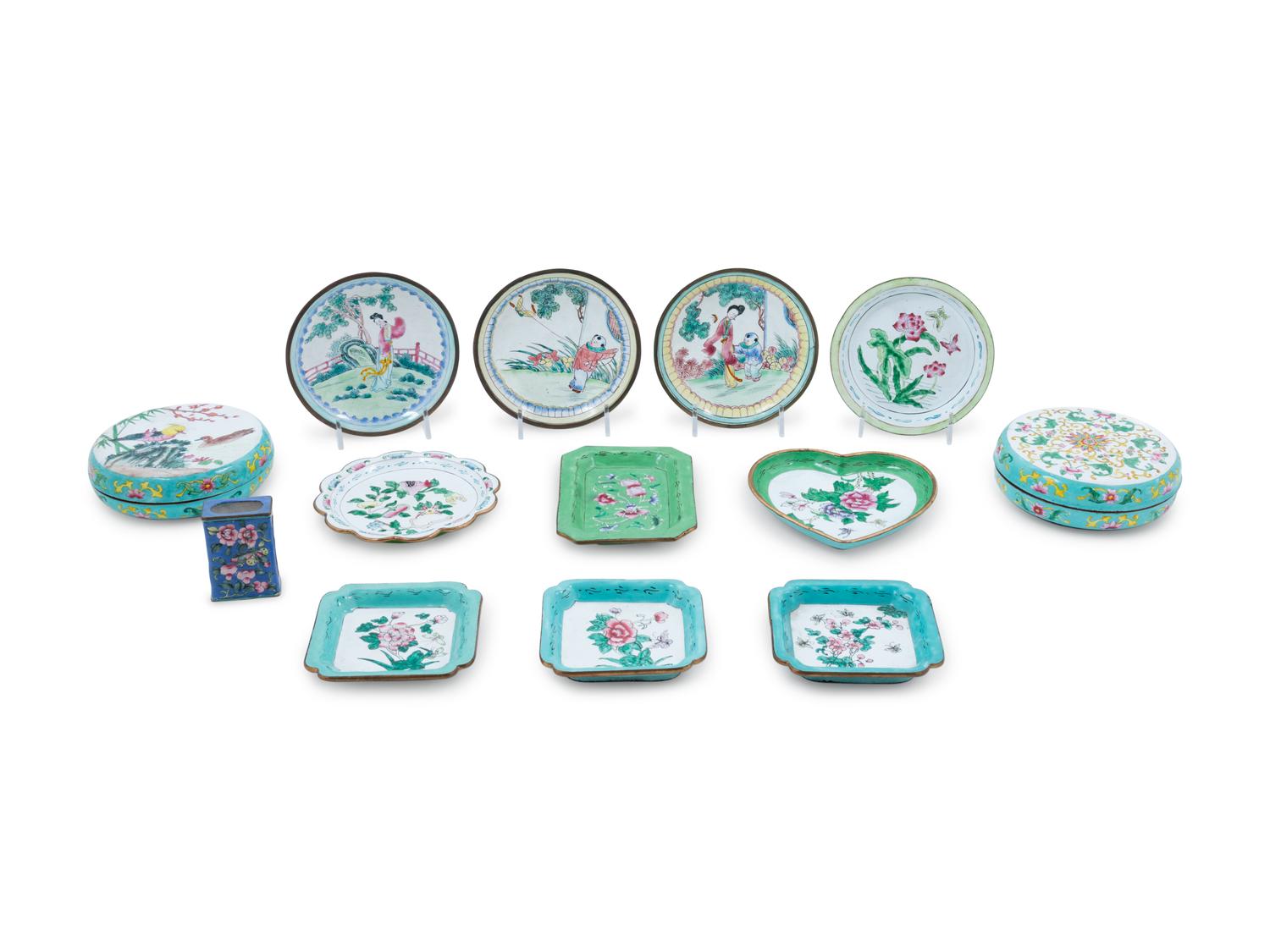 Thirteen Chinese Canton Enamel on Metal Articles