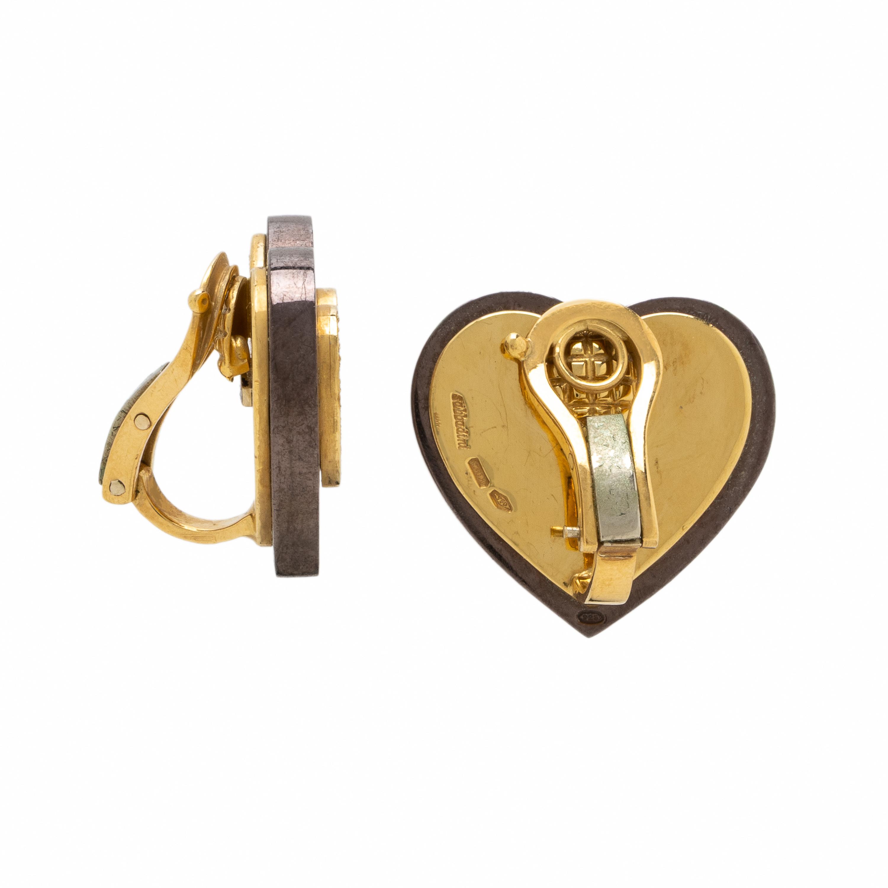 Sabbadini, Sterling Silver, Yellow Gold, and Diamond Heart Earrings