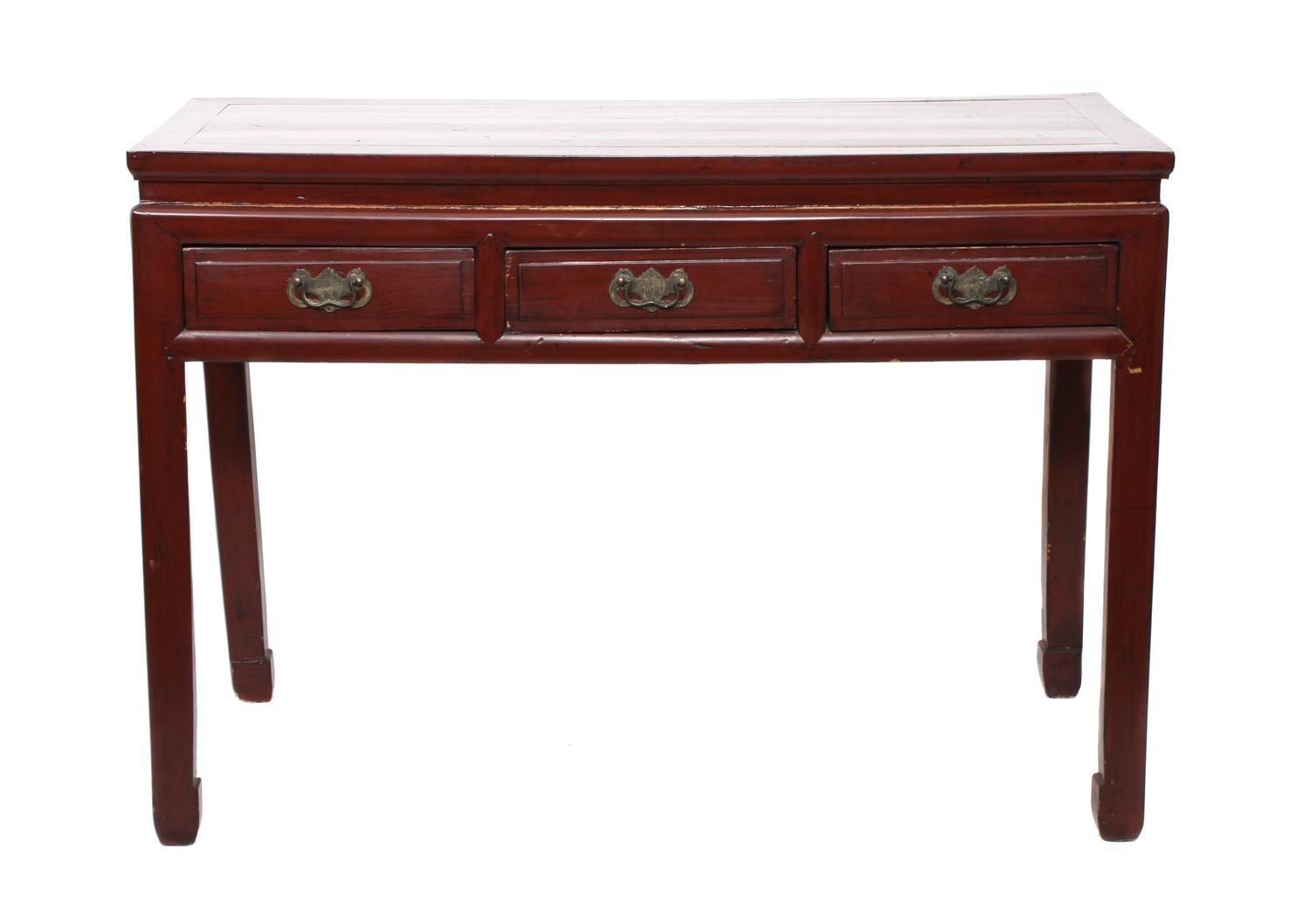 A Chinese Red Lacquered Altar Table Height 33 x width 47 x depth 20 1/2 inches