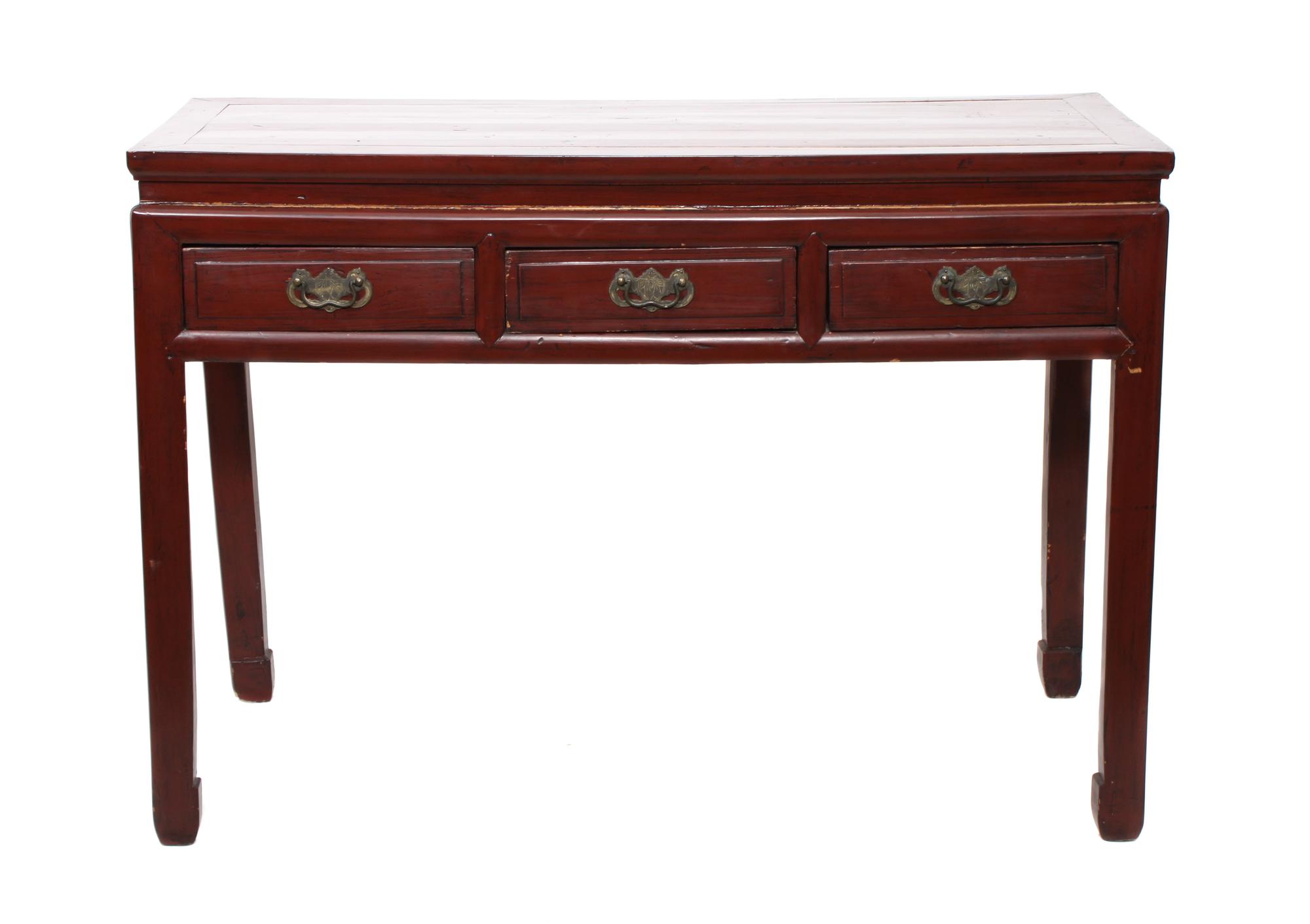 A Chinese Red Lacquered Altar Table Height 33 x width 47 x depth 20 1/2 inches