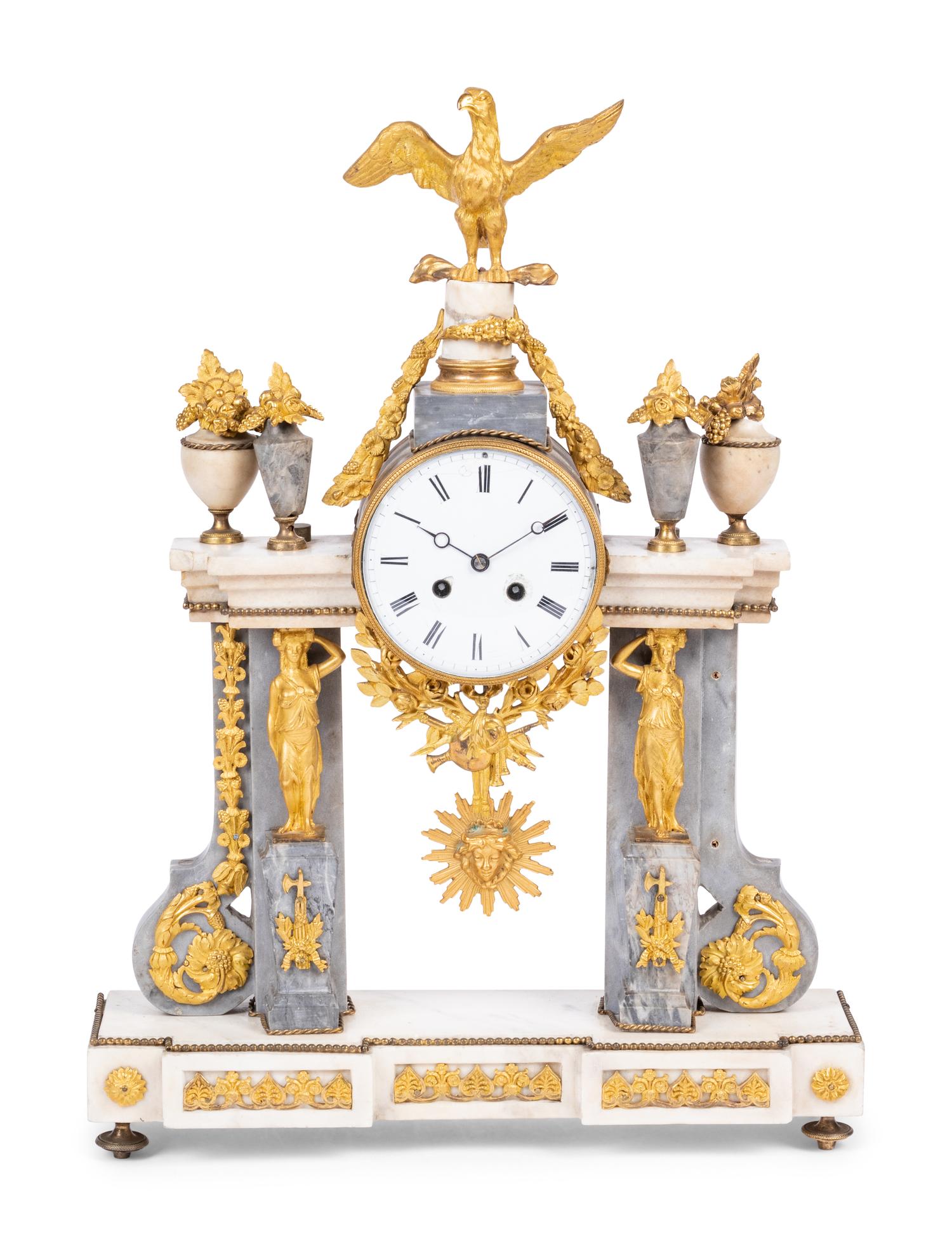A Louis XVI Style Gilt-Bronze and Marble Mantel Clock