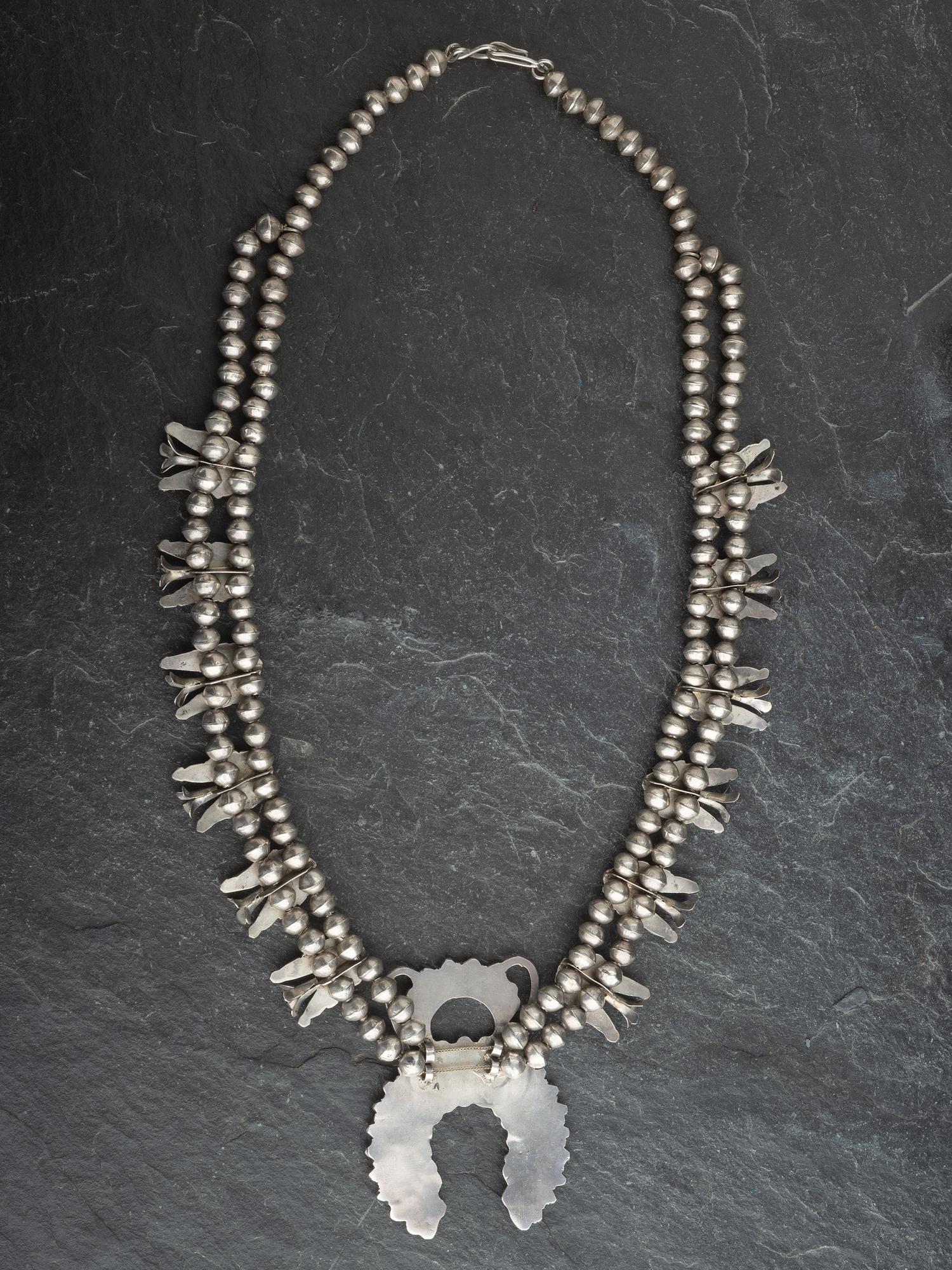 Zuni Silver and Turquoise Cluster Squash Blossom Necklace and Earrings
