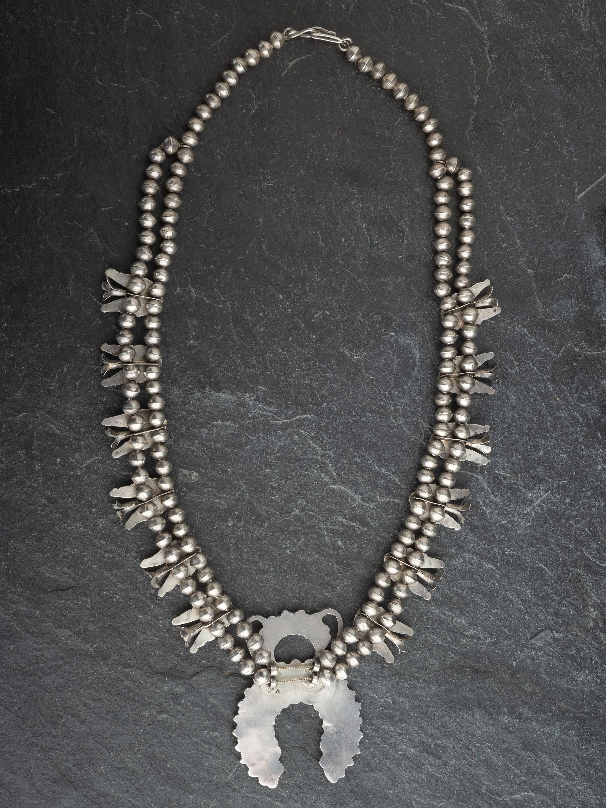 Zuni Silver and Turquoise Cluster Squash Blossom Necklace and Earrings