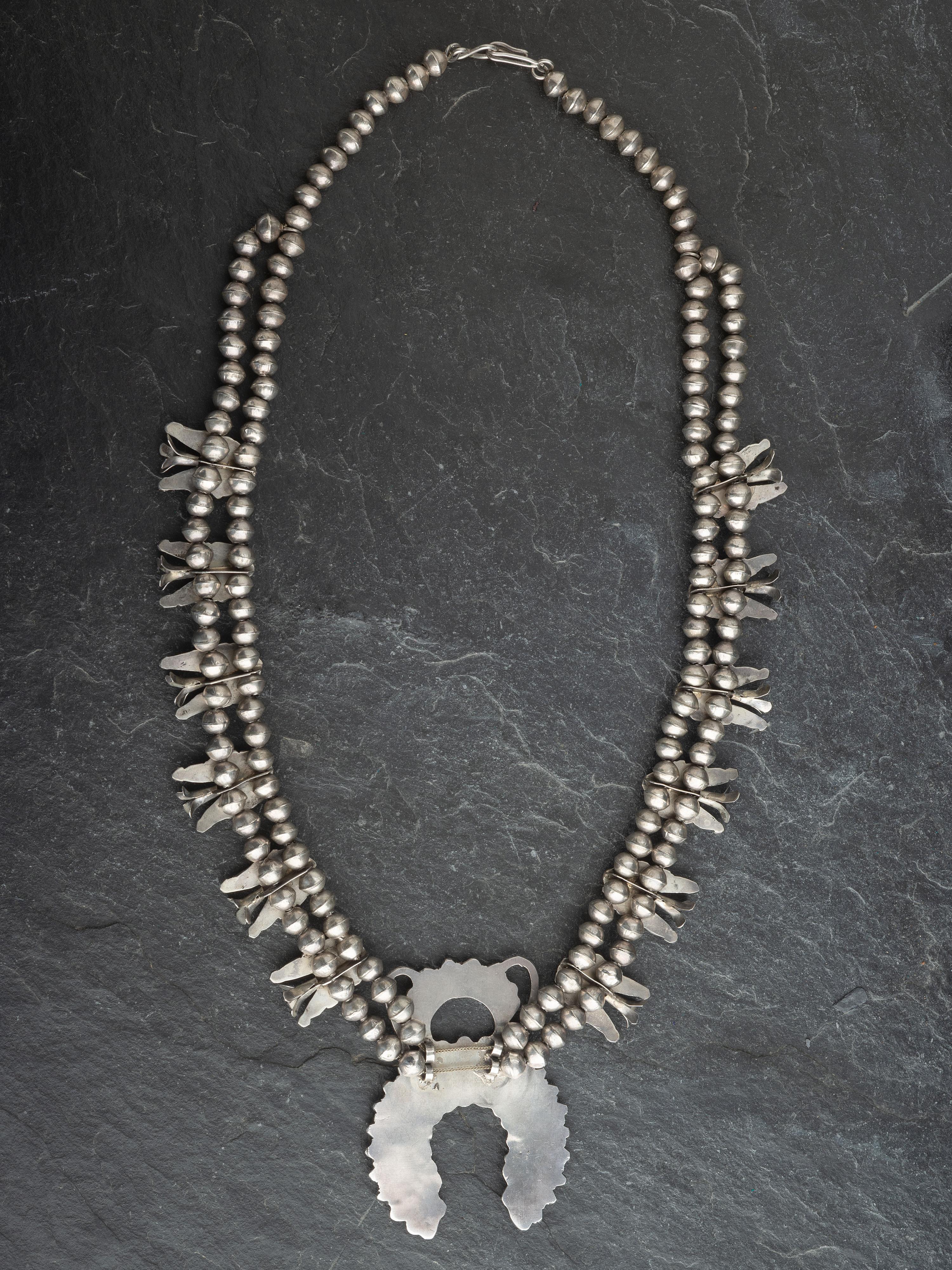 Zuni Silver and Turquoise Cluster Squash Blossom Necklace and Earrings