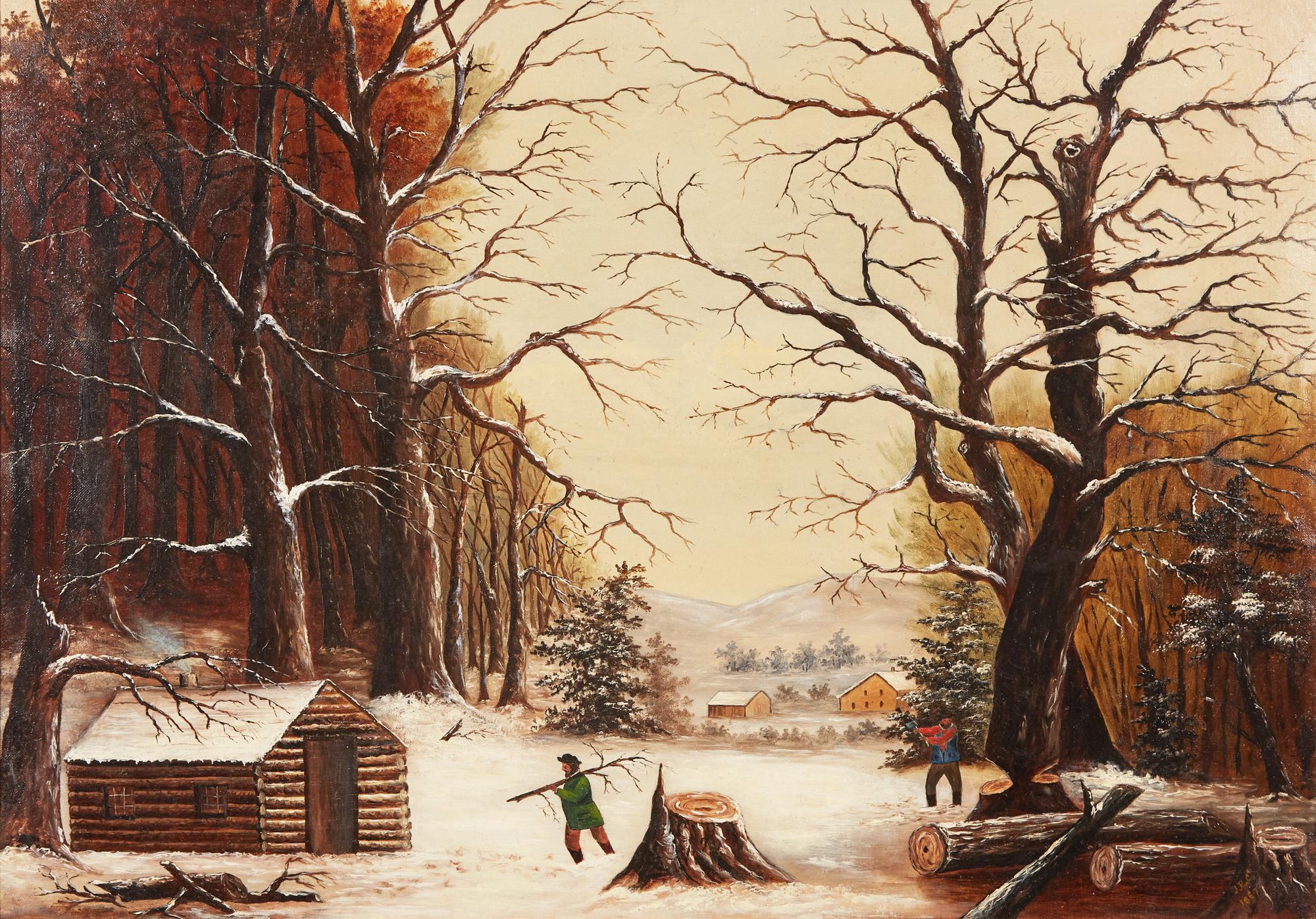 American School 19th century, Snowy Landscape with Figures Harvesting Wood