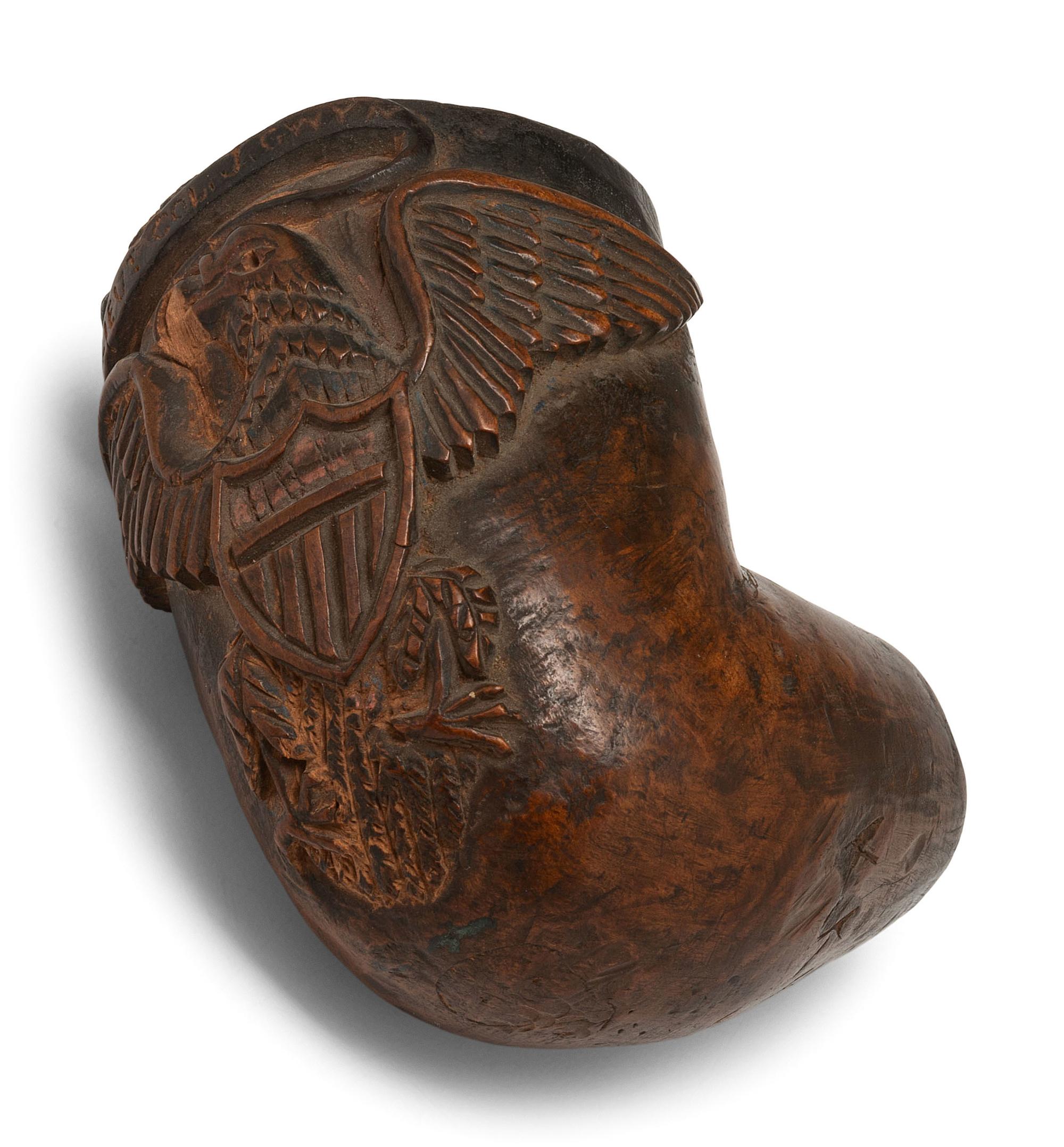 [CIVIL WAR]. Folk art carved Civil War soldier's pipe identified to Lieutenant Colonel James Gwyn, 118th Pennsylvania Infantry. Ca 1862.