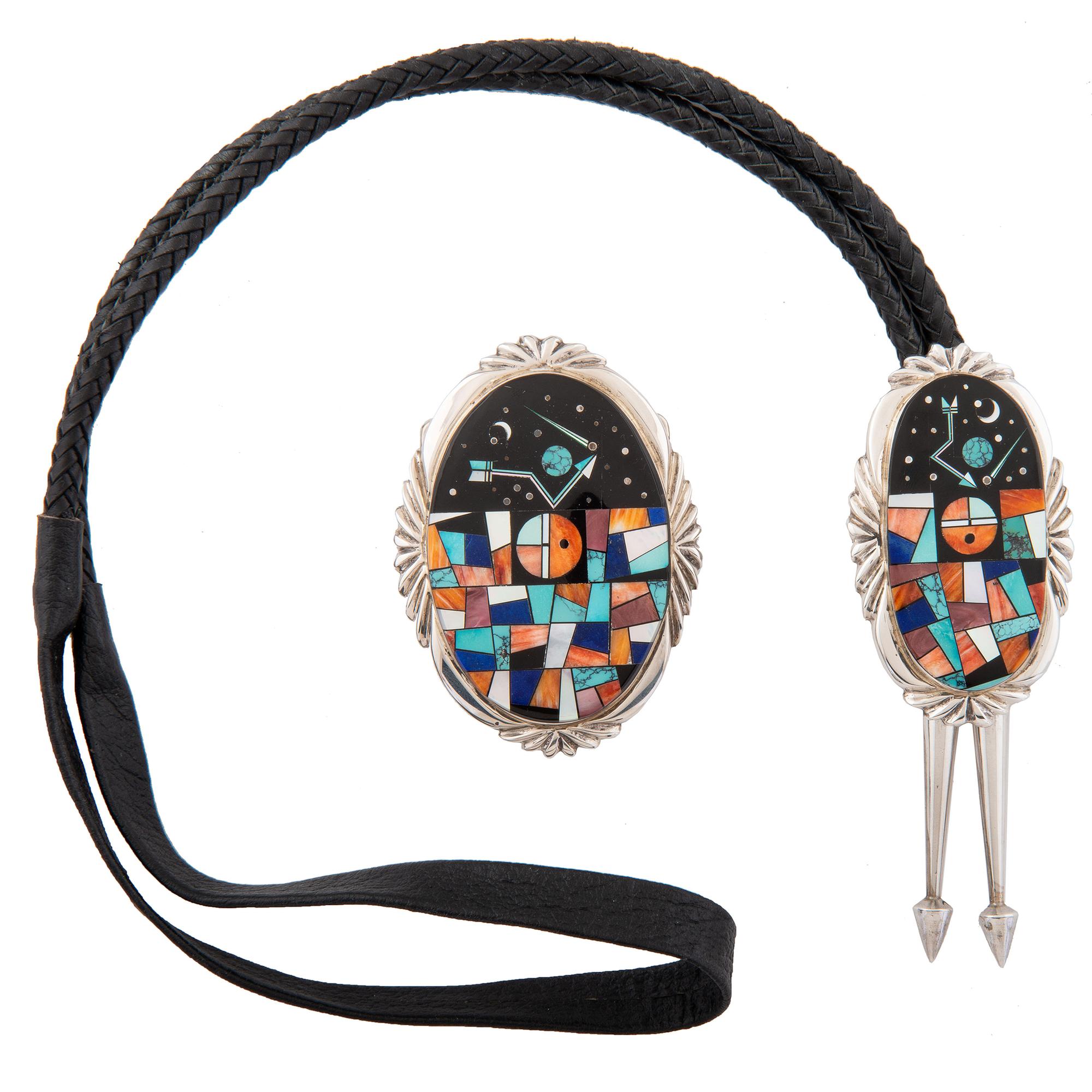Sterling Silver and Mosaic Inlay Belt Buckle and Bolo Tie