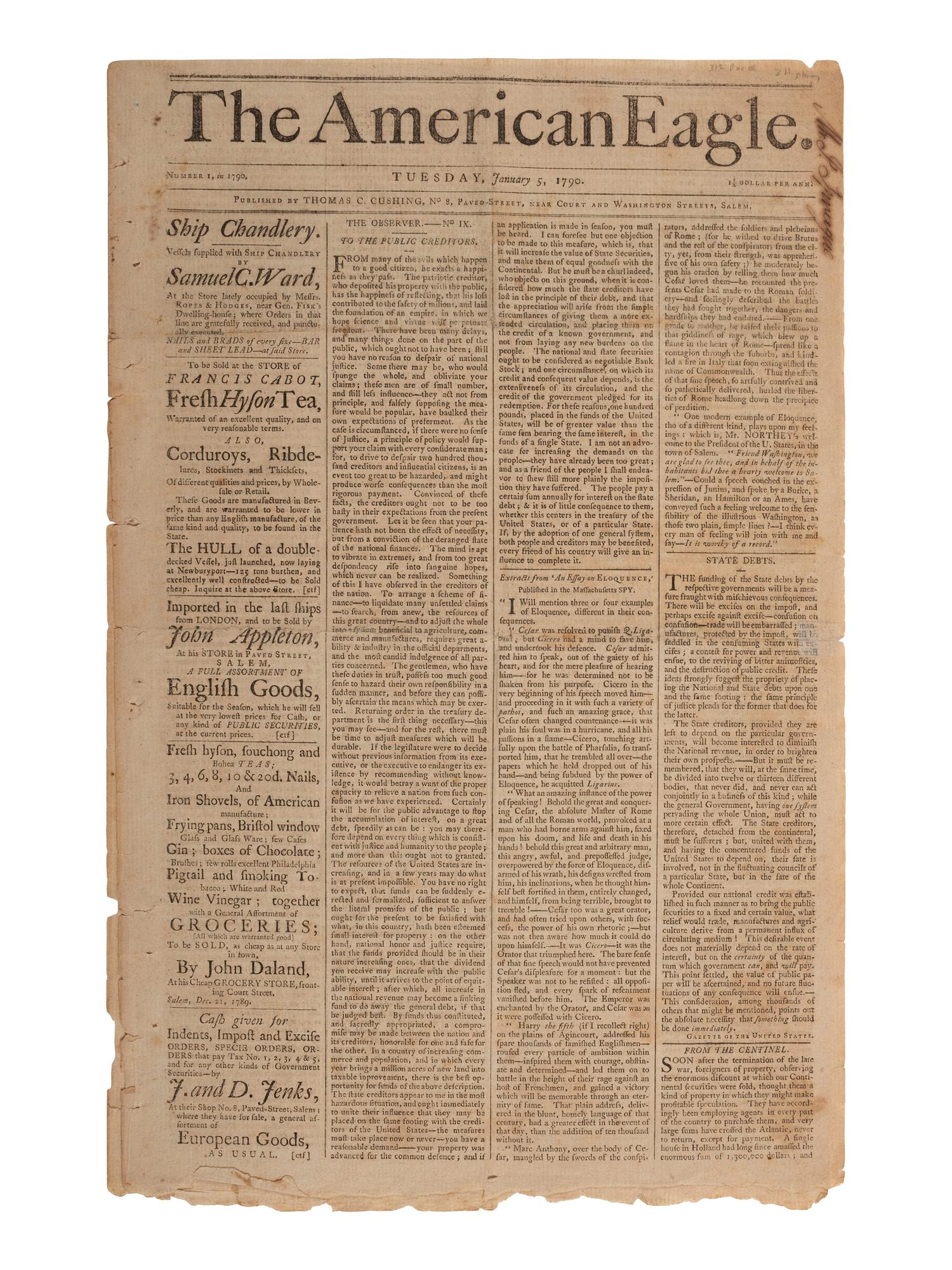 [UPRISING OF ENSLAVED PEOPLE]. American Eagle . No. 1. Salem, MA: Thomas C. Cushing, 5 January 1790.