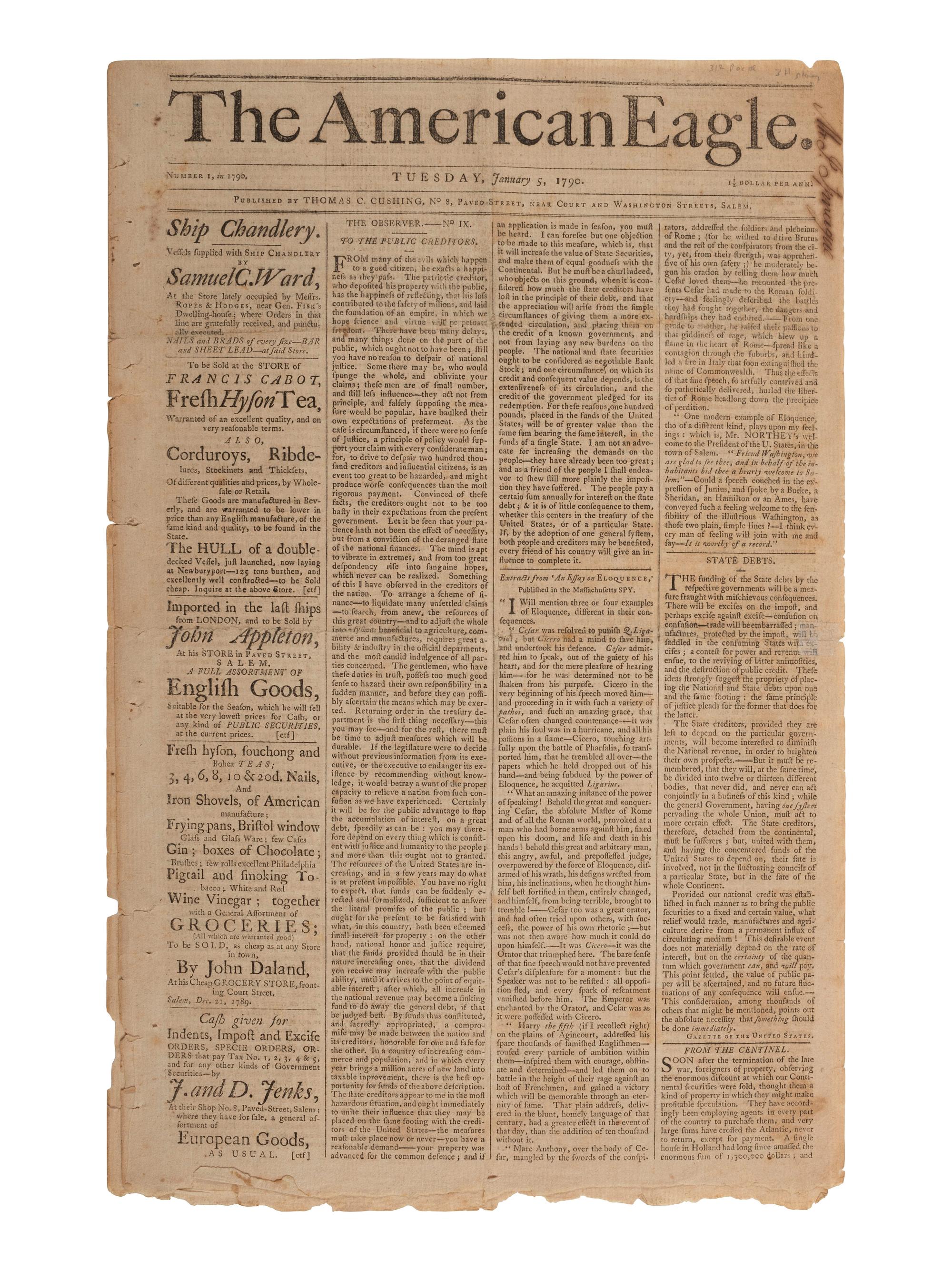 [UPRISING OF ENSLAVED PEOPLE]. American Eagle . No. 1. Salem, MA: Thomas C. Cushing, 5 January 1790.