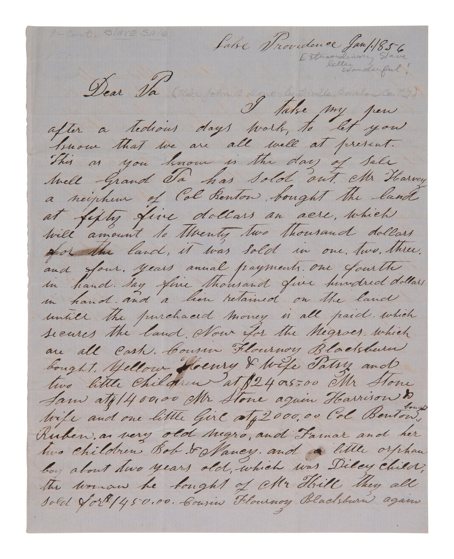 [ENSLAVEMENT]. Letter listing sold slaves with prices, and buyers' names. Lake Providence, 1856.