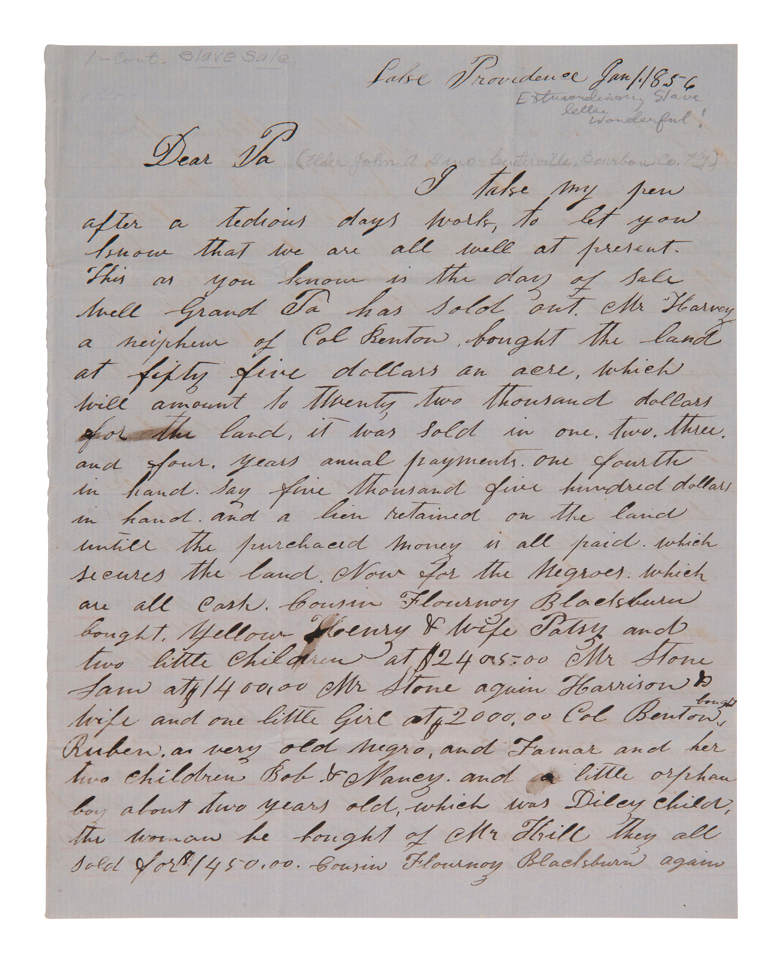 [ENSLAVEMENT]. Letter listing sold slaves with prices, and buyers' names. Lake Providence, 1856.