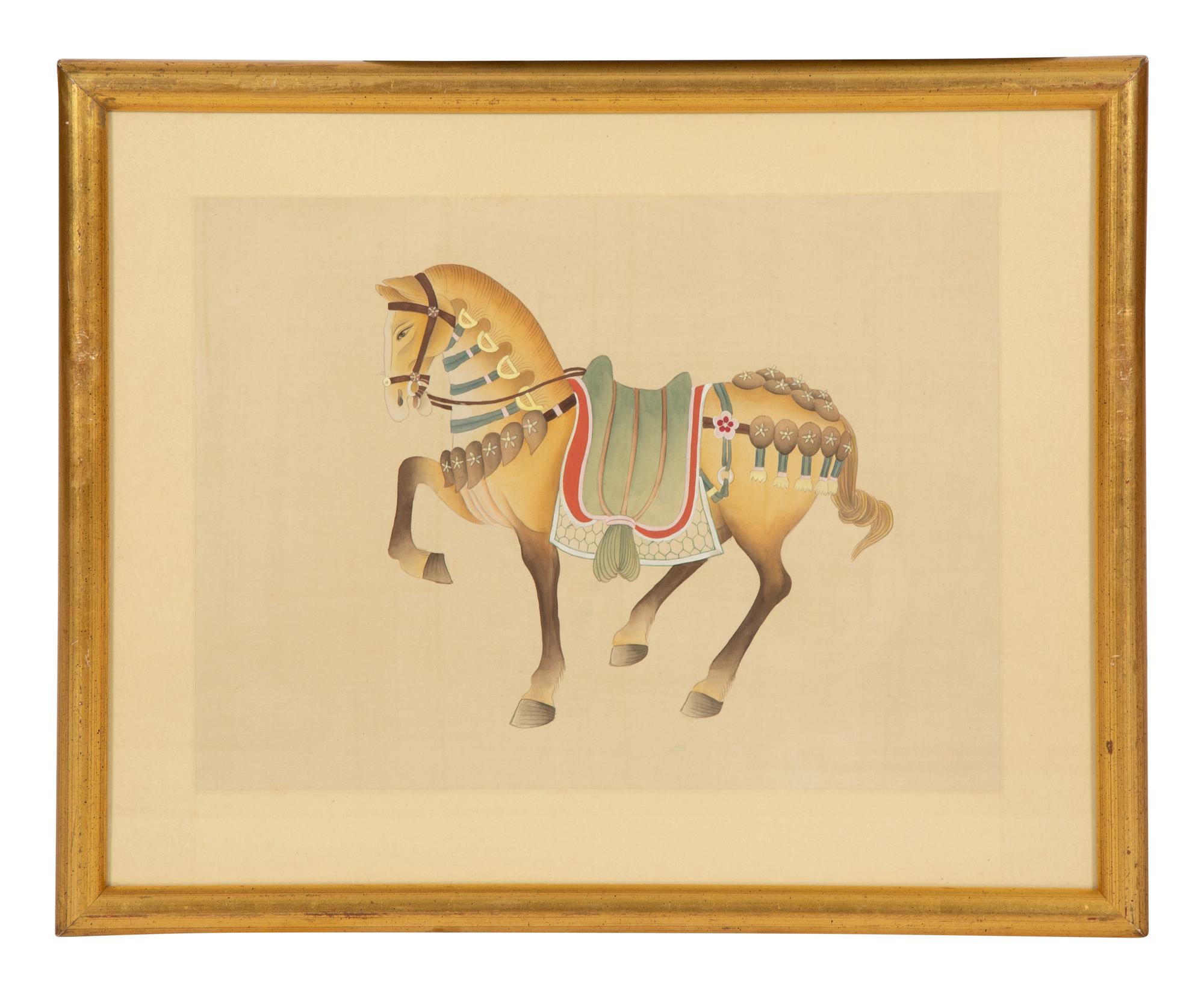 A Group of Four Chinese Gilt Framed Watercolors of Horses