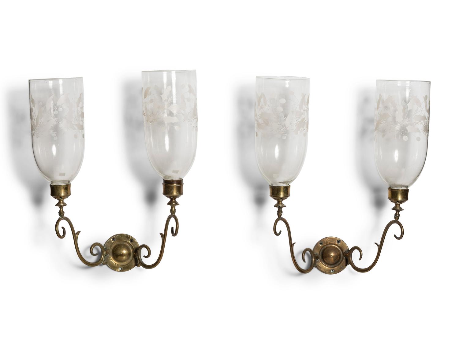 A Pair of Classical Brass and Etched Hurricane Glass Two-Light Wall Sconces