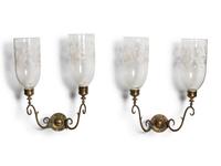 A Pair of Classical Brass and Etched Hurricane Glass Two-Light Wall Sconces