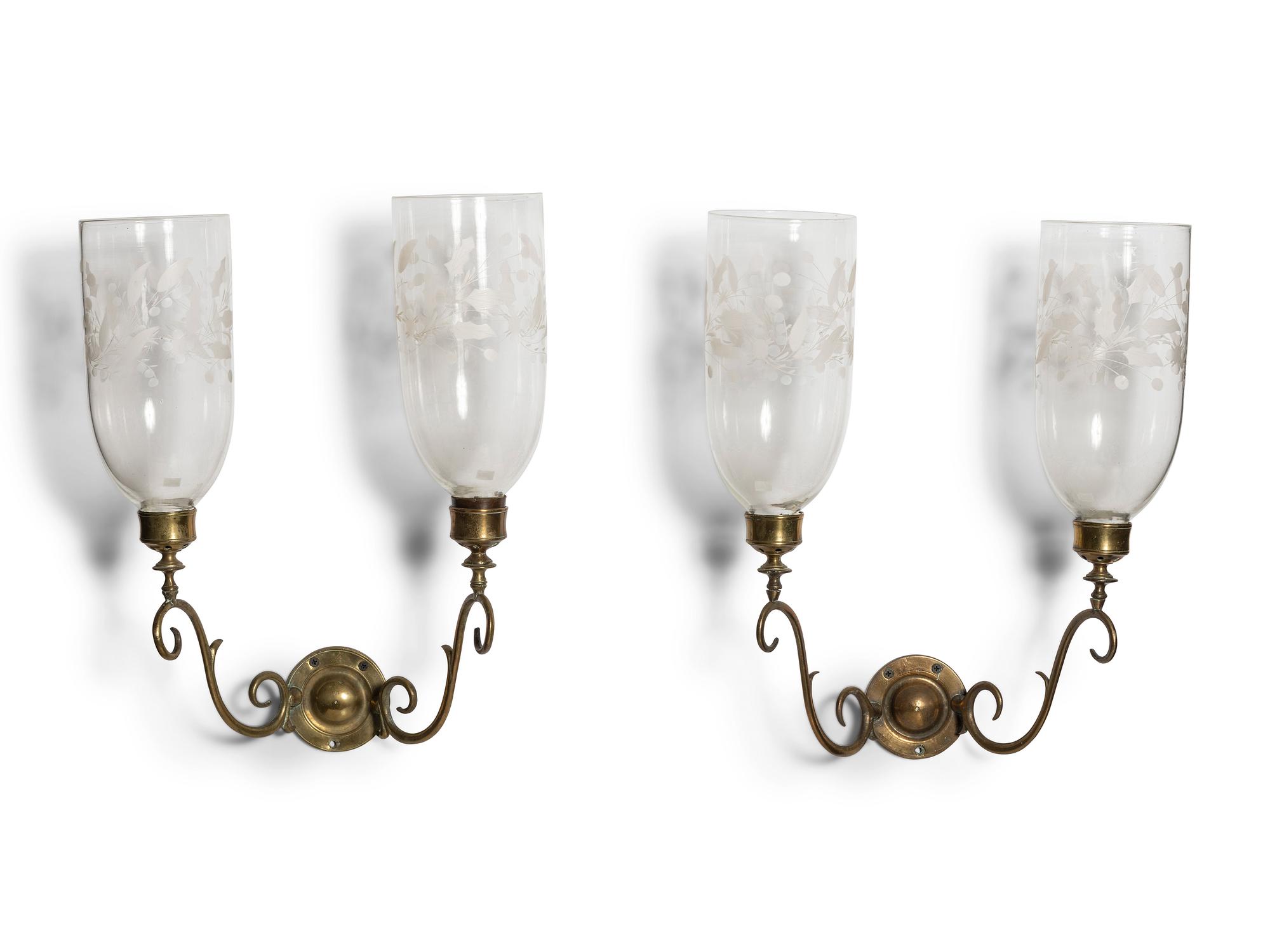 A Pair of Classical Brass and Etched Hurricane Glass Two-Light Wall Sconces