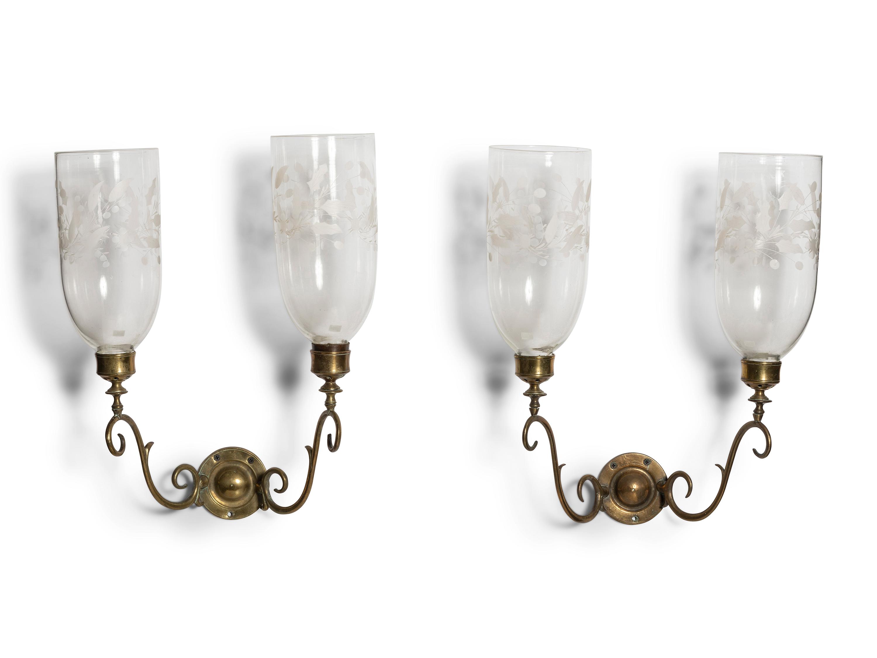 A Pair of Classical Brass and Etched Hurricane Glass Two-Light Wall Sconces