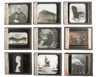 [LINCOLNIANA - MAGIC LANTERN SLIDES]. A collection of 65 assorted glass slides depicting important subjects and scenes depicting the life, death, and legacy of Abraham Lincoln, including: